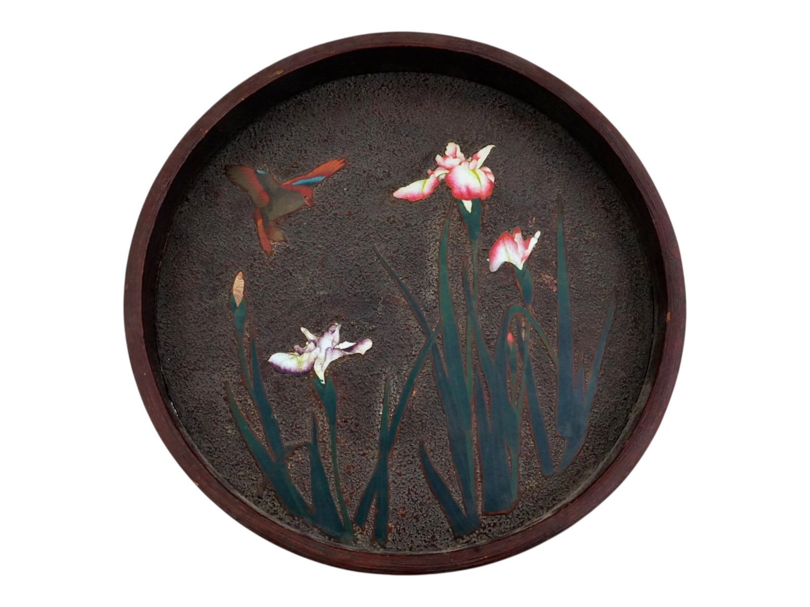 ANTIQUE JAPANESE WOODEN TRAY WITH ENAMEL 19TH C: An antique Japanese handcrafted wooden tray with enamel. The tray depicts an elegant composition with iris flowers and a flying bird. Circa the late 19th to early 20th century. Antique Japanese Trays 