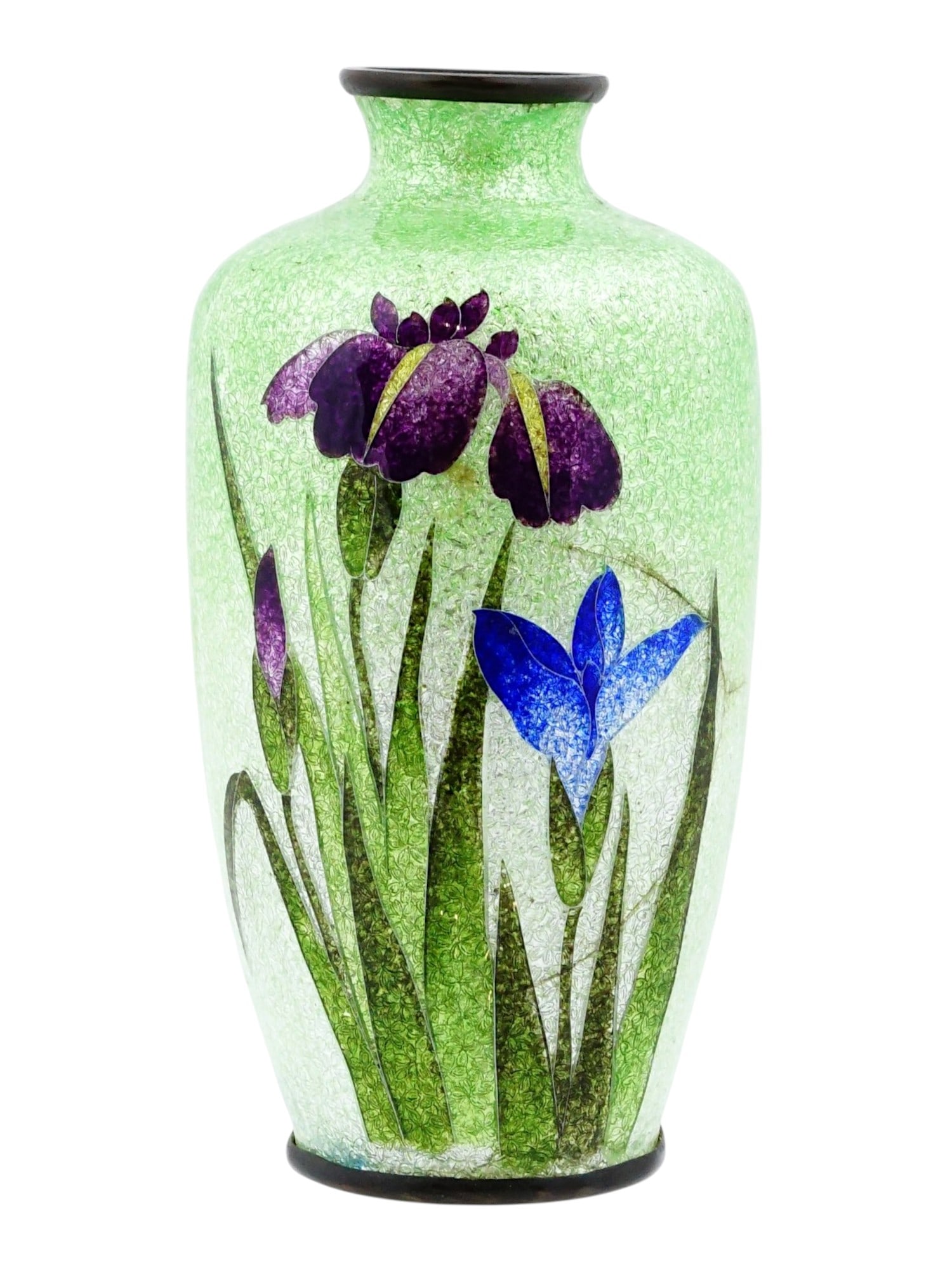 ANTIQUE JAPANESE MEIJI ERA GINBARI CLOISONNE VASE: An antique Japanese metal vase with polychrome ginbari cloisonne enamel decor. Late Meiji period, before 1912. Ovoid bottle shape. Flower motif against the white and green background. Ginbari is a Jap