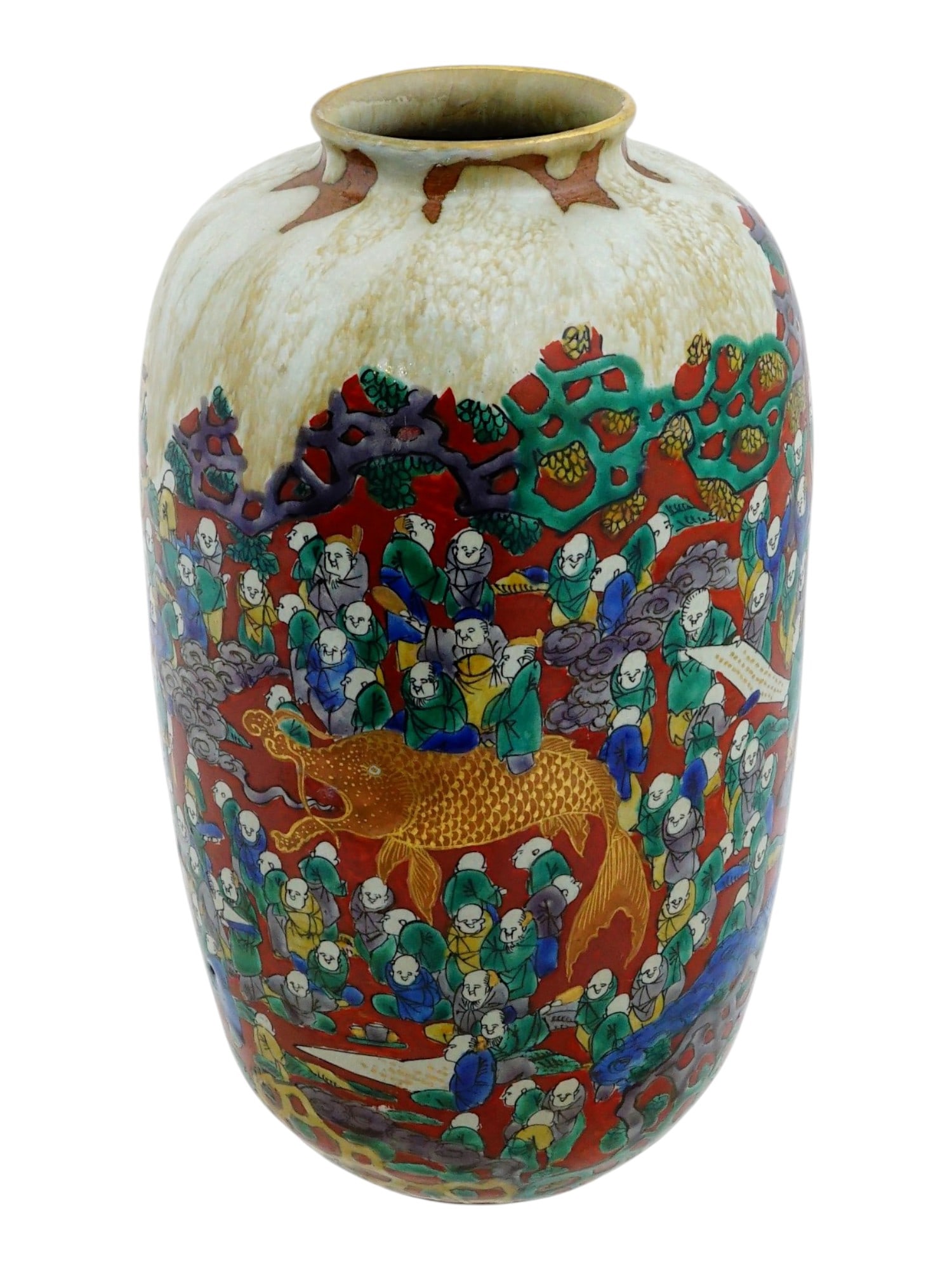ANTIQUE JAPANESE THOUSAND FACES PORCELAIN VASE: An antique Japanese Kutani porcelain vase. The exterior of the vase features a densely populated Thousand Faces or Sennin motif, rendered in vibrant polychrome enamels with raised moriage details. The
