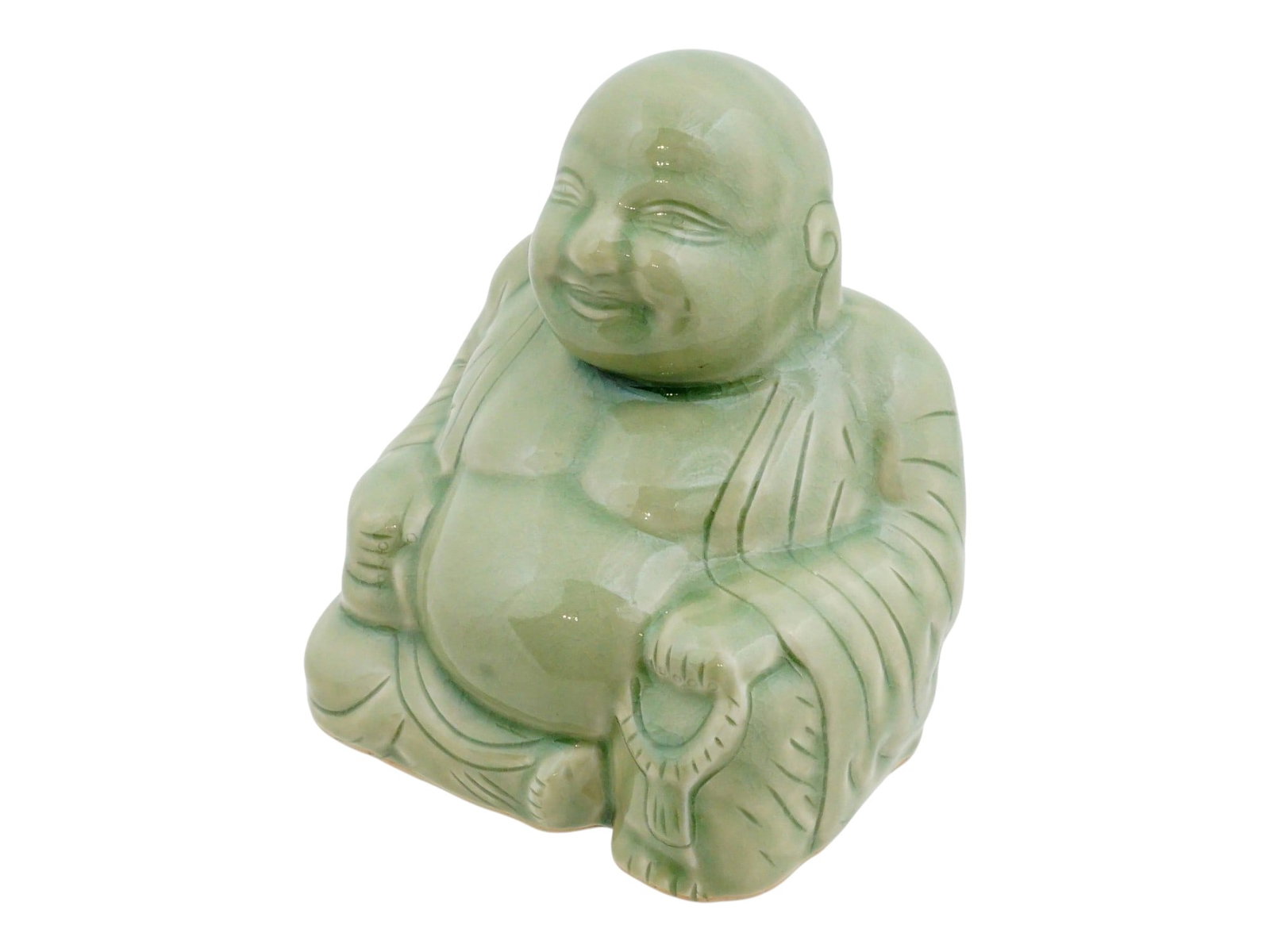 VINTAGE CHINESE CERAMIC CELADON FIGURE DEPICTING BUDAI: A vintage Chinese ceramic celadon figure depicting Budai, modeled as the joyful and benevolent symbol of abundance, prosperity, and contentment. The sculpture features a rich green celadon-style glaze