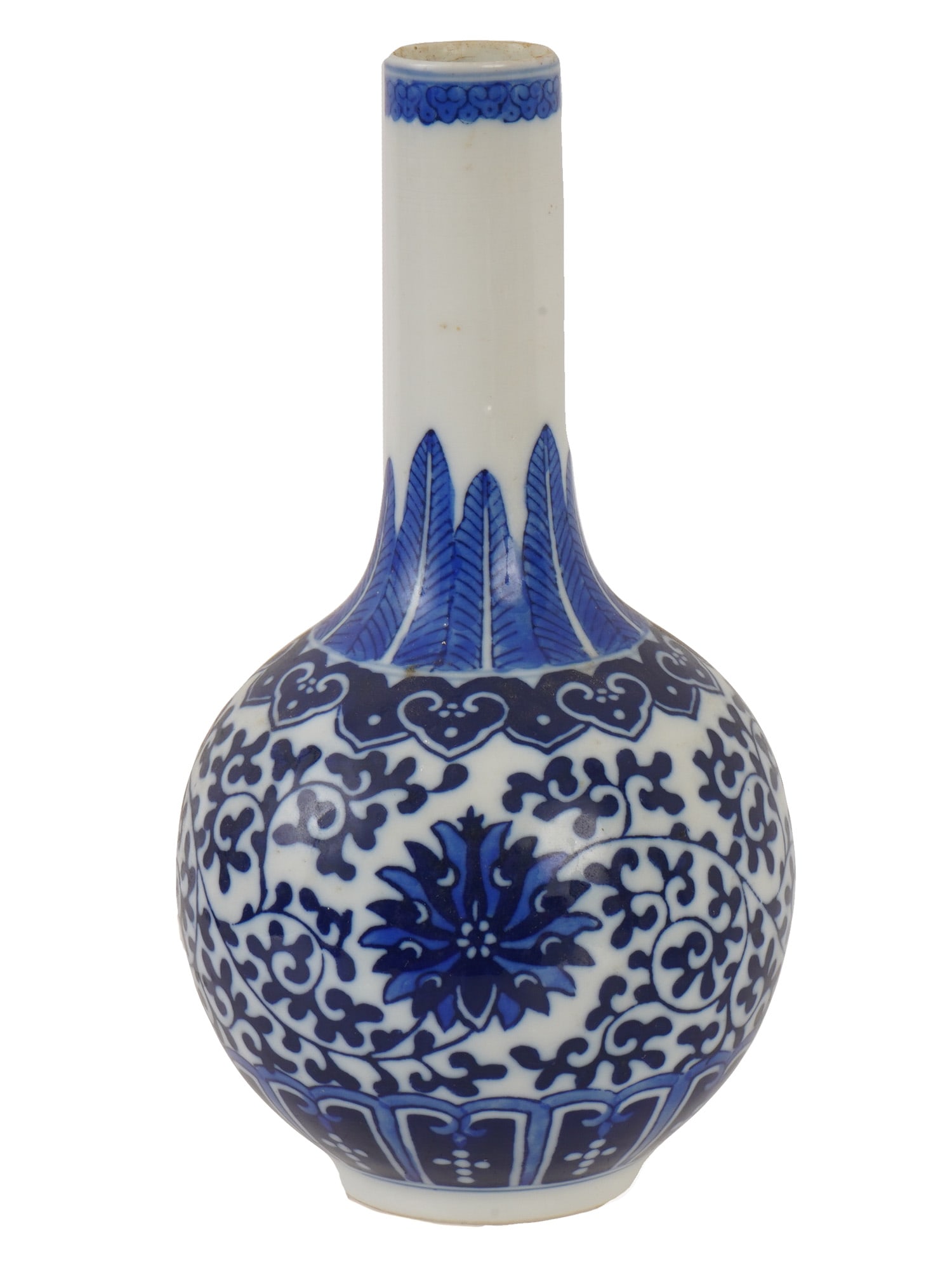 CHINESE BLUE AND WHITE PORCELAIN VASE: A Chinese blue and white porcelain vase features a globular body rising to a tall cylindrical neck, decorated in underglaze blue with a dense pattern of scrolling lotus blooms. The neck is adorned wit