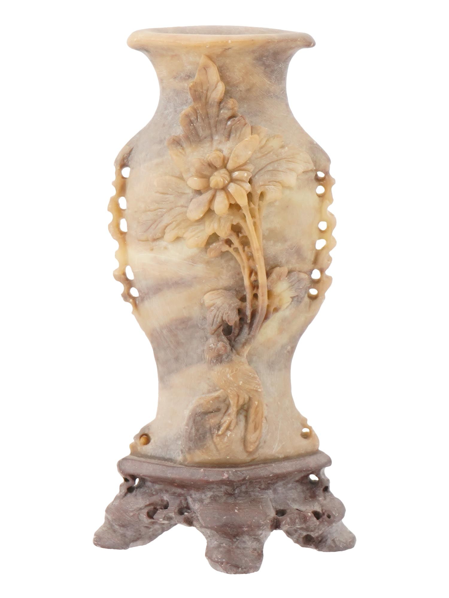 EARLY 20TH C ASIATIC HAND CARVED JADE VASE ON STAND: An Asiatic hand carved brown jade vase from the early 20th century, circa 1920s. The vase exhibits a gentle brown color with light variations throughout the stone. The body of the vase features a carv