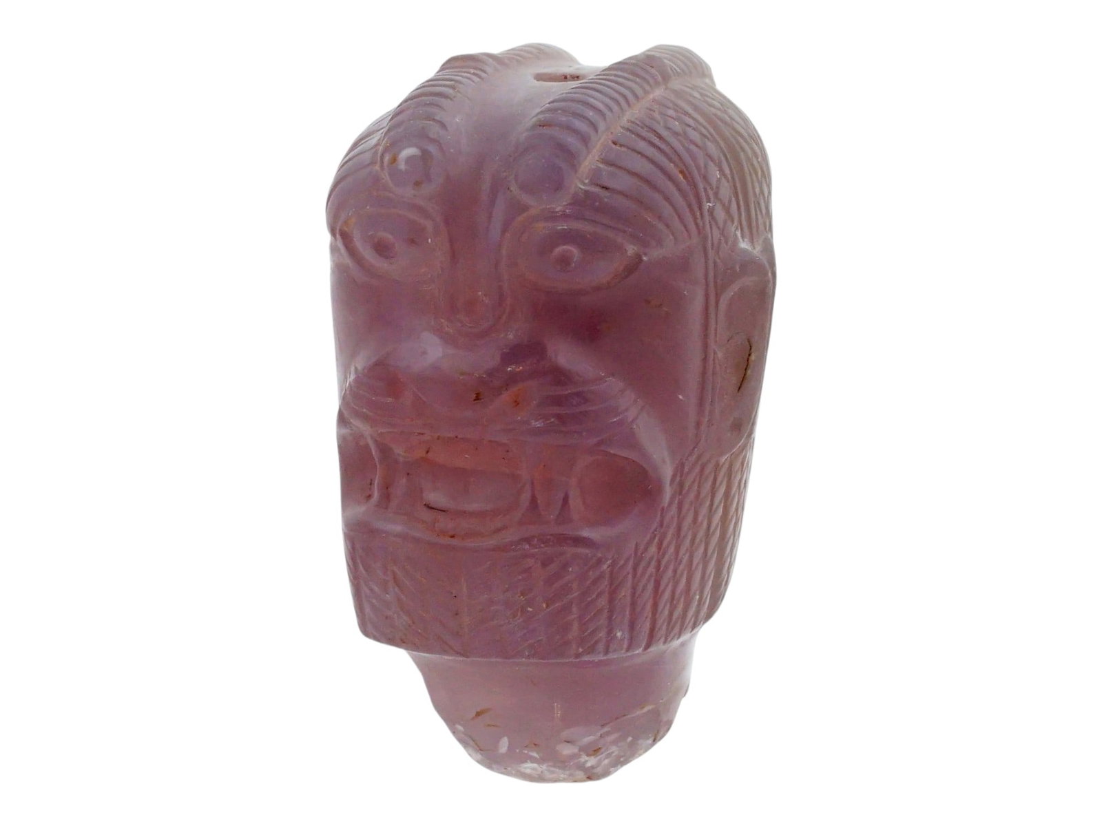 GRAND TOUR CARVED AMETHYST JANUS-FORM DOUBLE-FACED FINIAL: A fascinating carved amethyst quartz finial or amulet, executed in the Grand Tour taste and dating to the 19th century. The piece is carved in the round as a Janus-form (double-faced) head featuring B