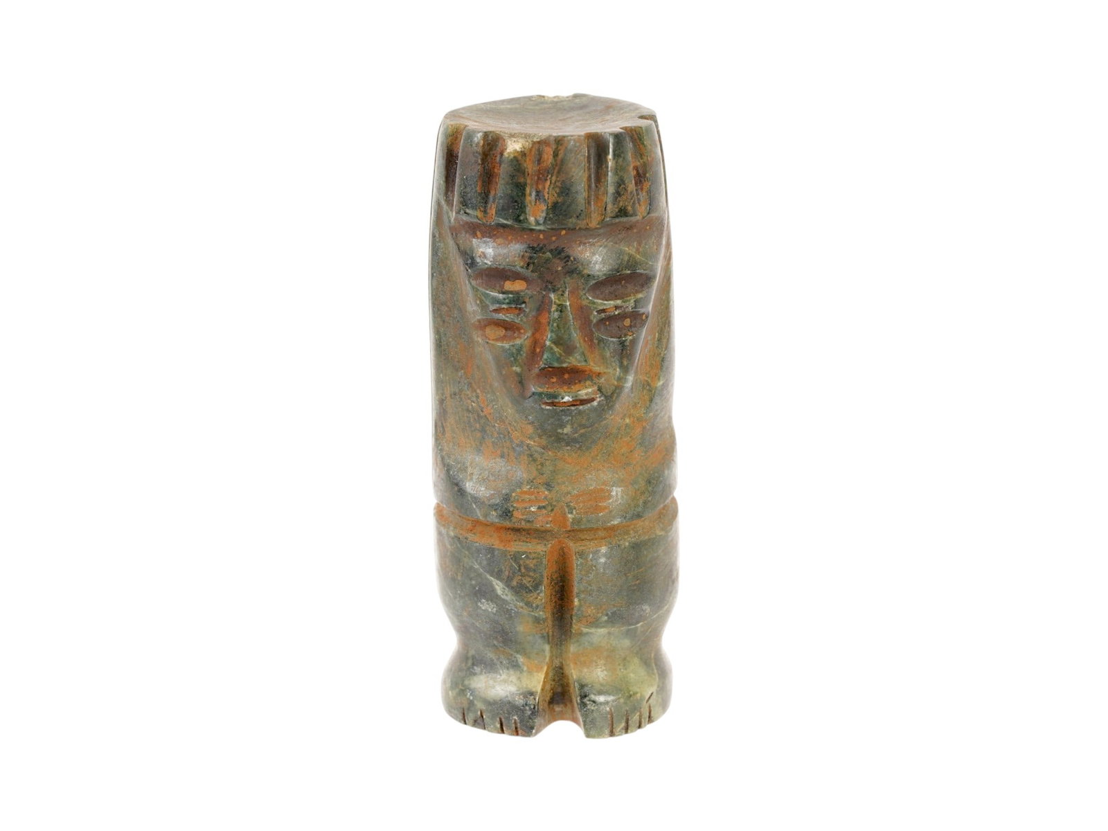 ANCIENT PRE COLUMBIAN CARVED JADE STONE FIGURINE: An ancient Pre Columbian hand carved Jade stone figurine. The figurine is crafted in the axe god style, with the lower portion resembling a celt stone axe blade and the upper portion representing a st