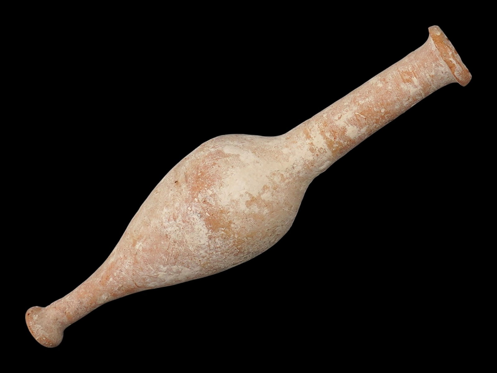 ANCIENT HELLENISTIC TERRACOTTA WINE AMPHORA 200 BC 100 BC: An ancient Hellenistic terracotta pottery wine amphora, dating from approximately 200 to 100 BC. The ware features a characteristic fusiform or spindle shaped body. The vessel is composed of a light c