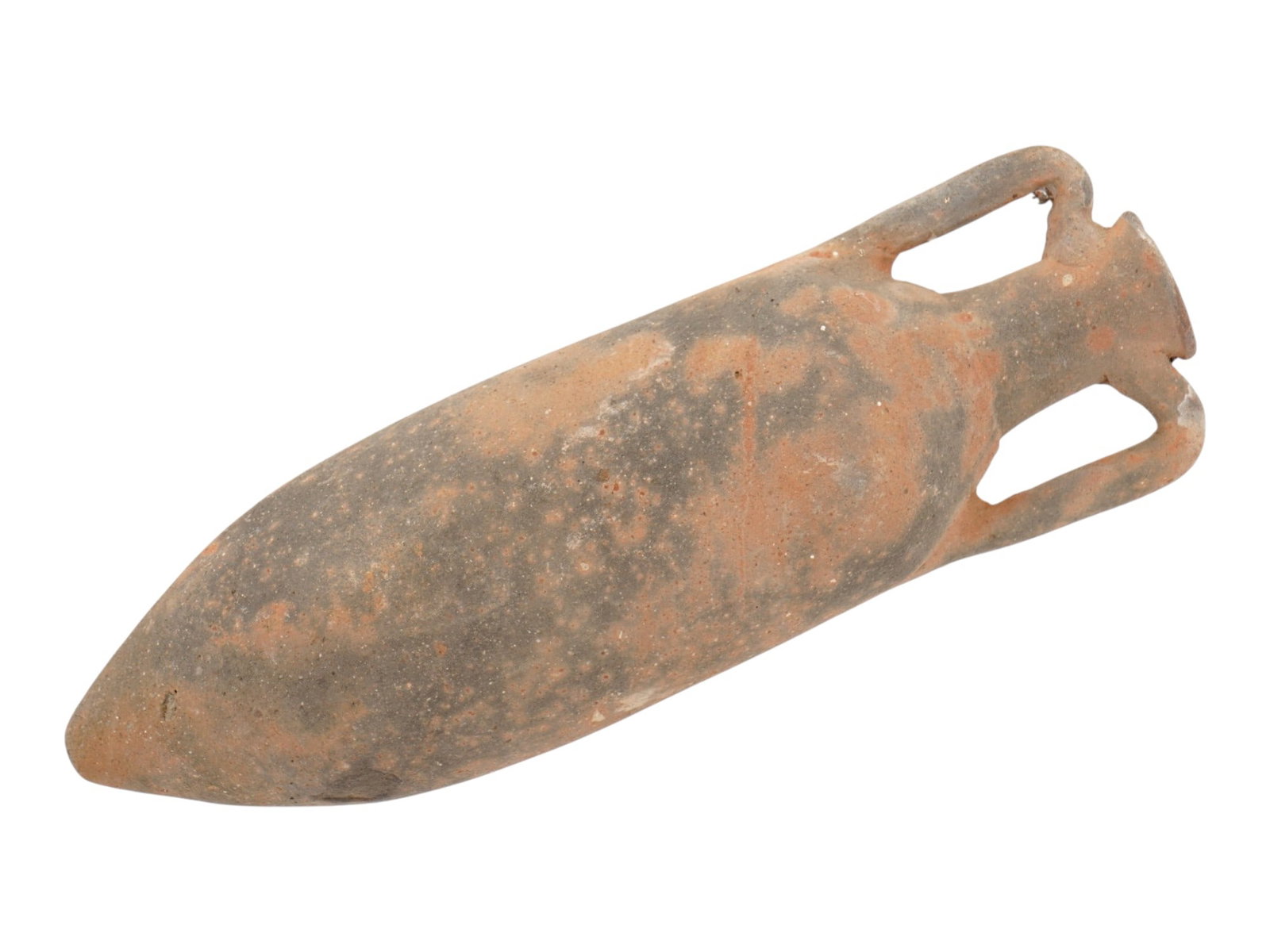 ANCIENT GRECO ROMAN TERRACOTTA WINE AMPHORA 200 BC 100 AD: An ancient Greco Roman terracotta pottery wine amphora, circa 200 BC to 100 AD. This vessel features a classic elongated form with a narrow neck and flared rim, characteristic of amphorae used for tra
