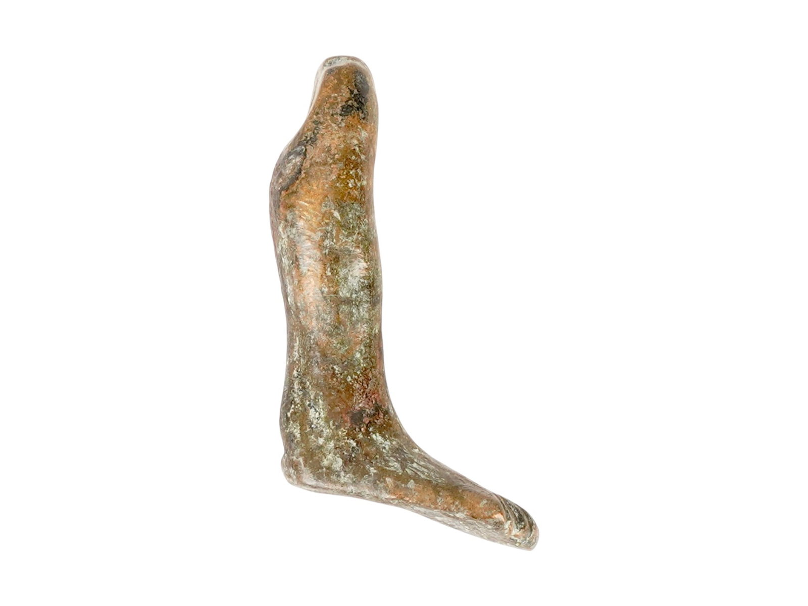 ANCIENT ROMAN EMPIRE VOTIVE BRONZE LEG PENDANT: An Ancient Roman bronze pendant, a leg-shaped votive object. Imperial Rome era, ca. 100 BC to 300 AD. Votive offerings were made at the temple of a healing god such as Asklepios, the Greco-Roman god o
