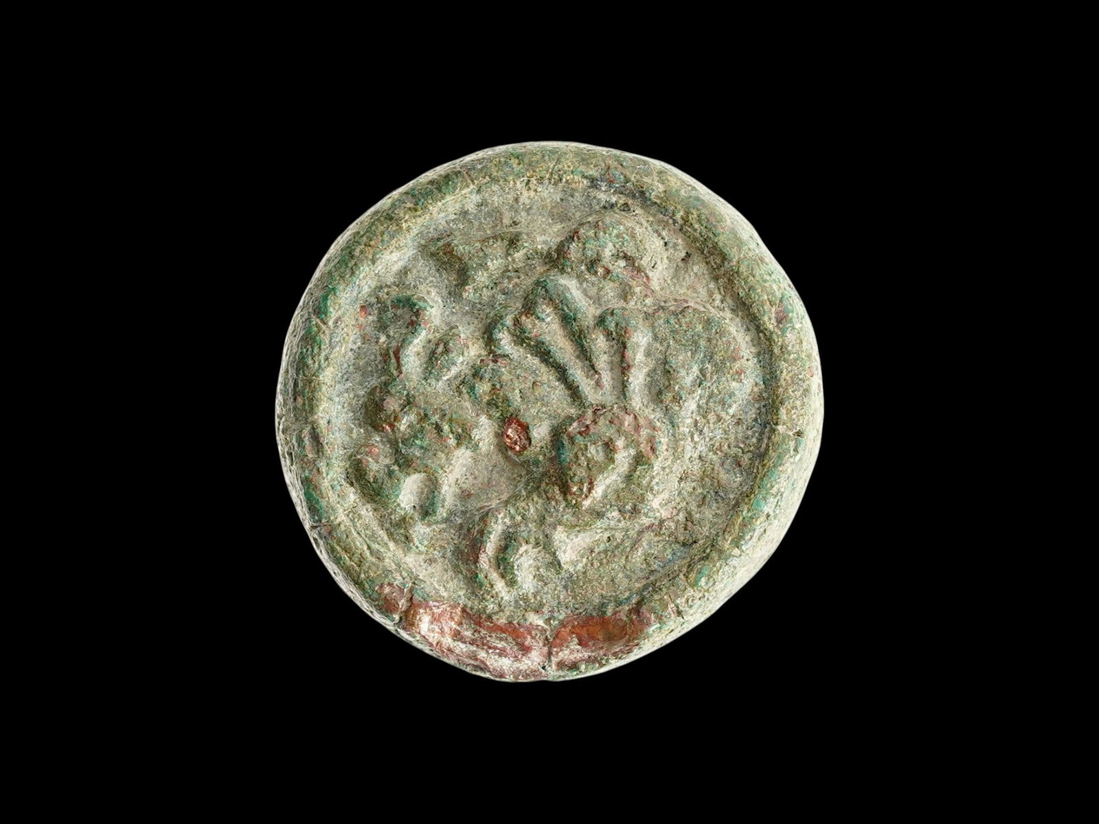 ANCIENT ROMAN ENGRAVED BRONZE WEIGHT CA 100 TO 300 AD: An ancient Roman engraved bronze weight. Circa 100 to 300 AD. The raised round weight with a relief image resembling the figure of a lion. Ancient Archaeological Artifacts, Finds And Historical Relics