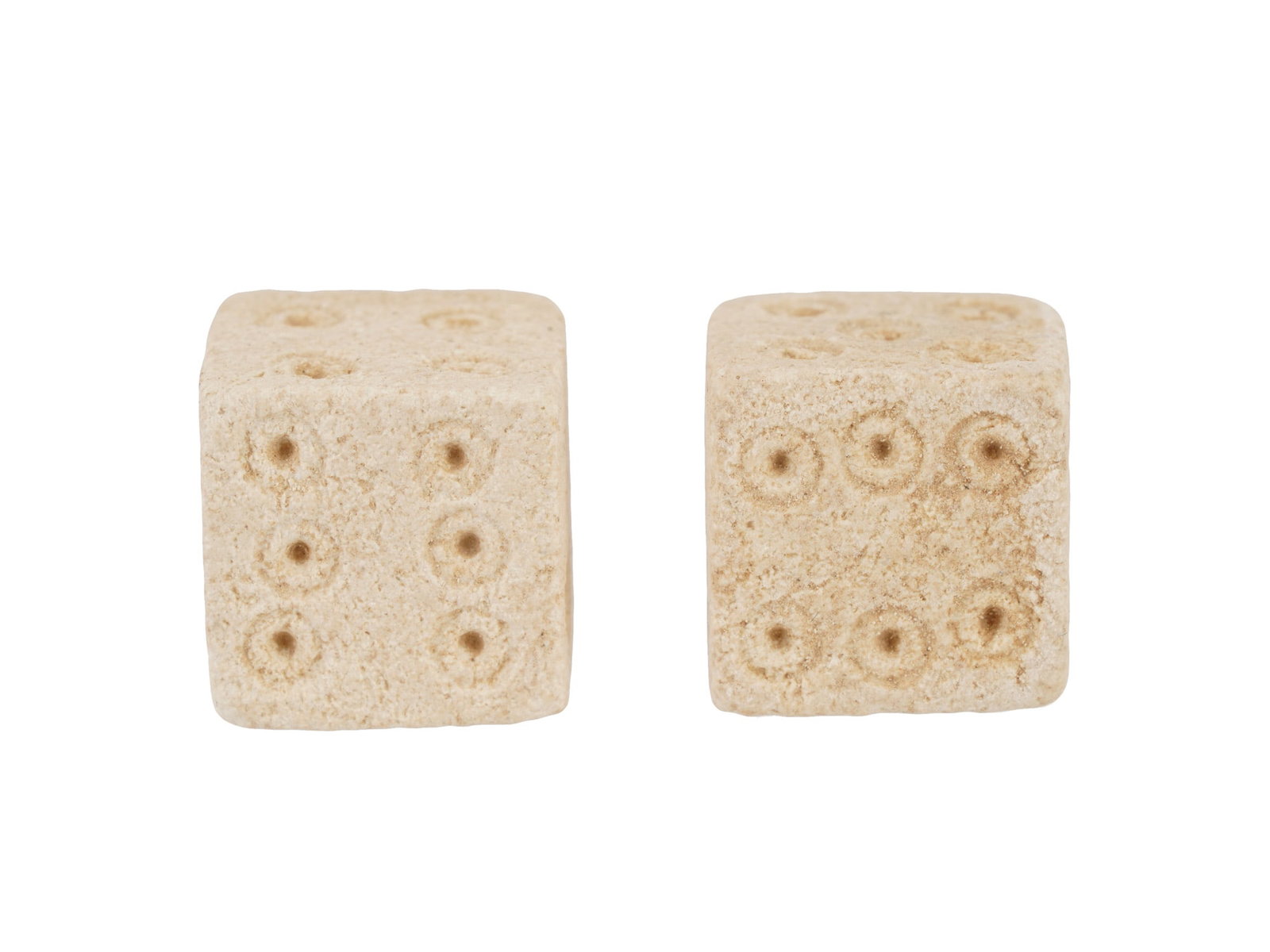 PAIR OF ANCIENT ROMAN STONE DICE 100 TO 300 AD: A pair of ancient Roman carved stone gaming dice. Imperial Rome era, circa 100 to 300 AD. Square shape. Archaeological Finds And Relics, Stone Carvings, and Collectibles. THIS LOT IS ELIGIBLE F