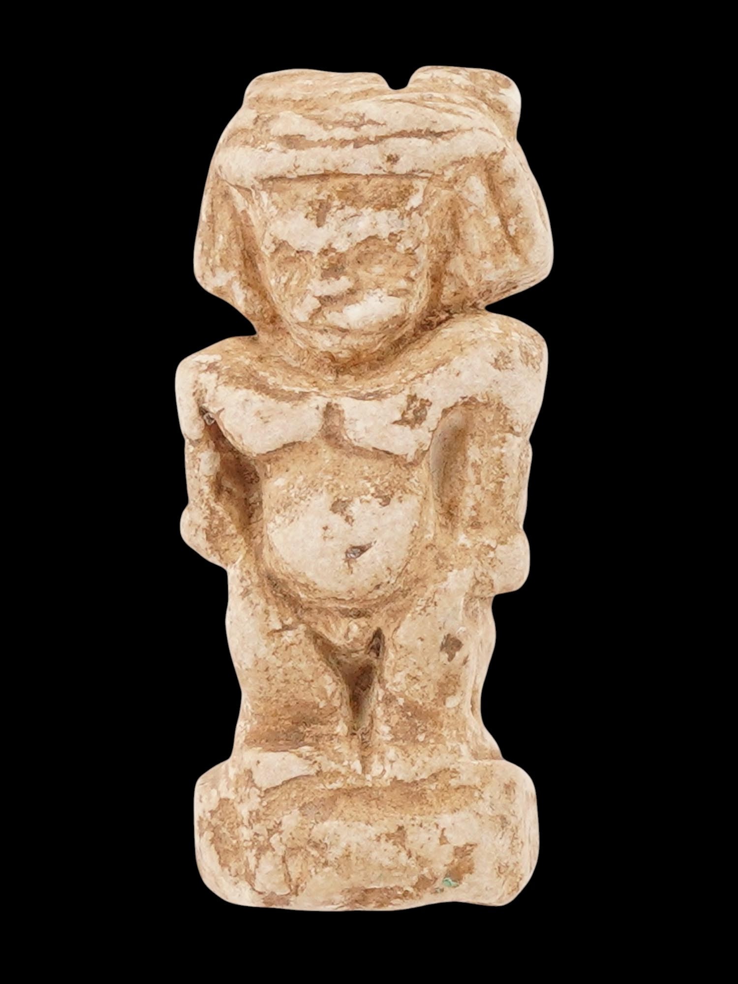 ANCIENT EGYPTIAN DOUBLE SIDED PATAIKOS AMULET: An ancient Egyptian Late Period double-sided Pataikos amulet, dating circa 700 to 200 BC. Pataikos, a dwarf deity associated with the child form of the creator god Ptah, was revered as a powerful hous