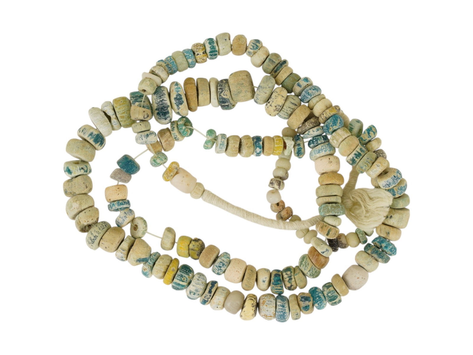 ANCIENT ROMAN GLASS BEADED NECKLACE 100 TO 300 AD: An ancient Roman necklace crafted from multicolored glass beads, dating from 100 to 300 AD. The necklace showcases a range of bead colors, mostly circular shaped, reflecting the Roman eras intricate g