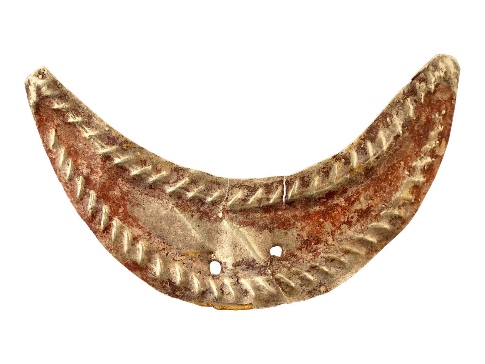 ANCIENT ROMAN GOLD CRESCENT PENDANT 100 TO 300 AD: An ancient Roman gold jewelry pendant. The ware features a minimalistic design of a voluminous crescent shape, and decorated with two openings. Circa: 100 to 300 AD. Ancient Goldware And Jewelry Colle