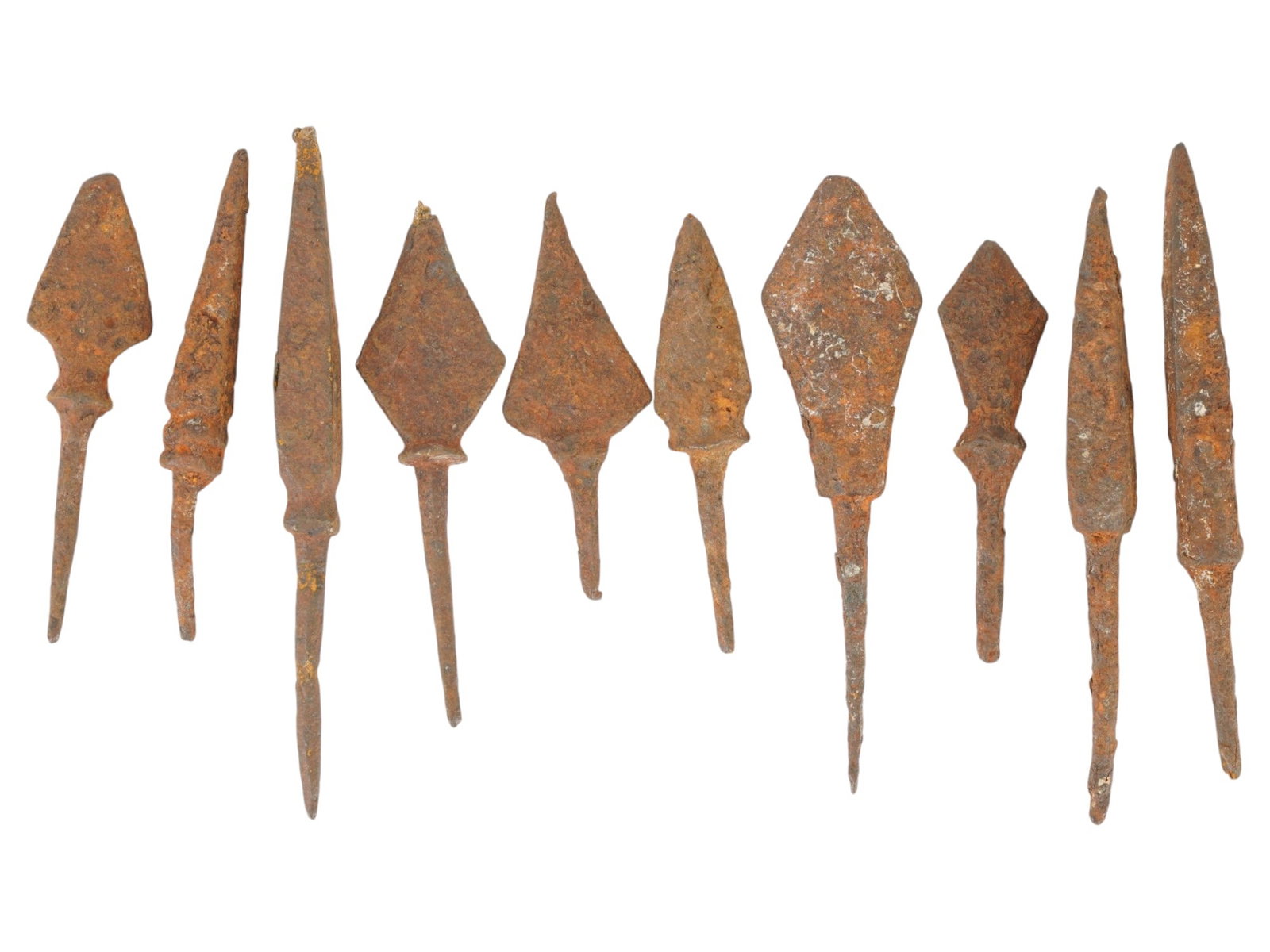 GROUP OF ANCIENT GRECO ROMAN IRON ARROWHEADS: A group of ancient Greco-Roman iron arrowheads, circa 200 BC to 200 AD. A total of 10 items. The lot includes multiple examples of varied forms and sizes, reflecting different functions and periods of