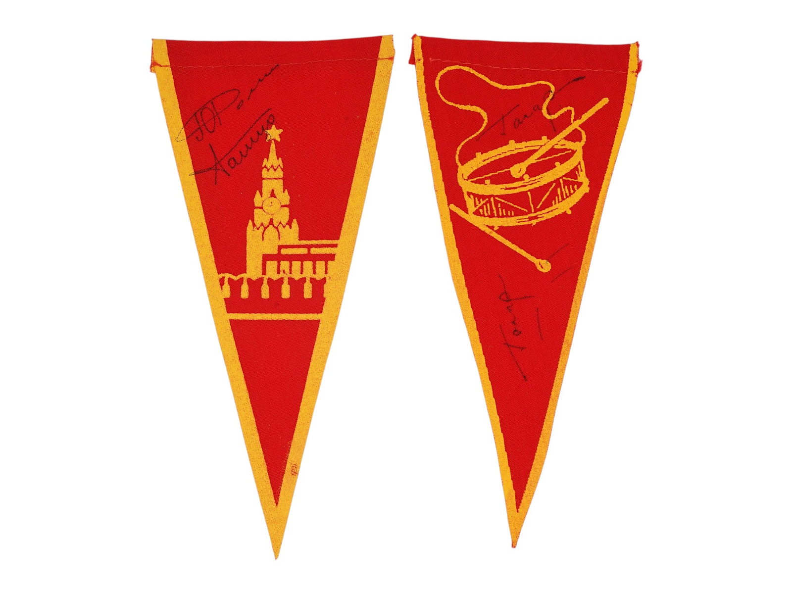 SOVIET PENNANTS AUTOGRAPHED GAGARIN MENDEZ ROMANENKO: A Russian Soviet pioneers pennant autographed twice by Yuri Gagarin, accompanied by a matching pennant signed by Arnaldo Tamayo Mendez and Yuri Romanenko, representing the complete crew associated wit