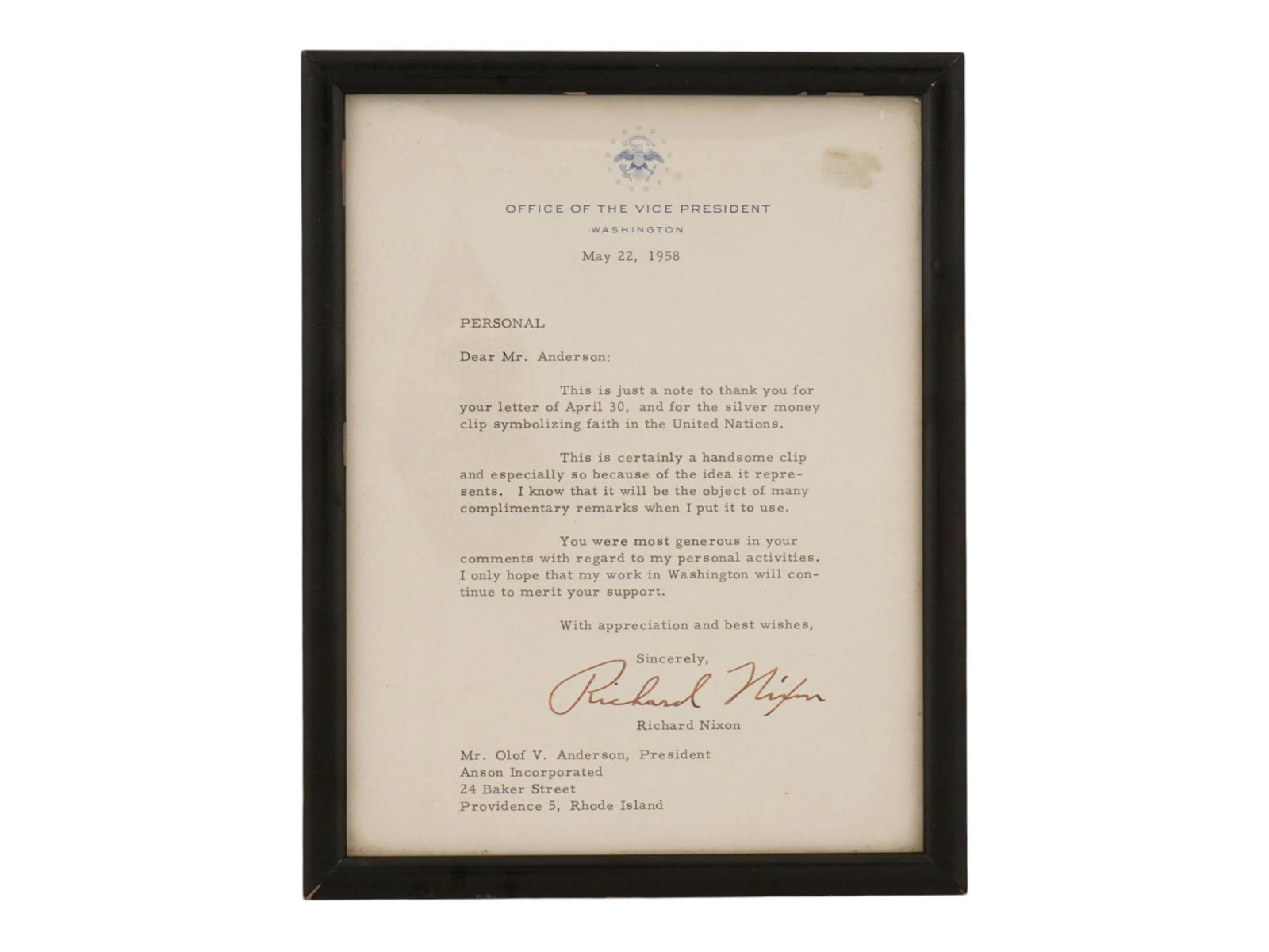1958 TYPED LETTER SIGNED BY PRESIDENT RICHARD NIXON (1 of 3)