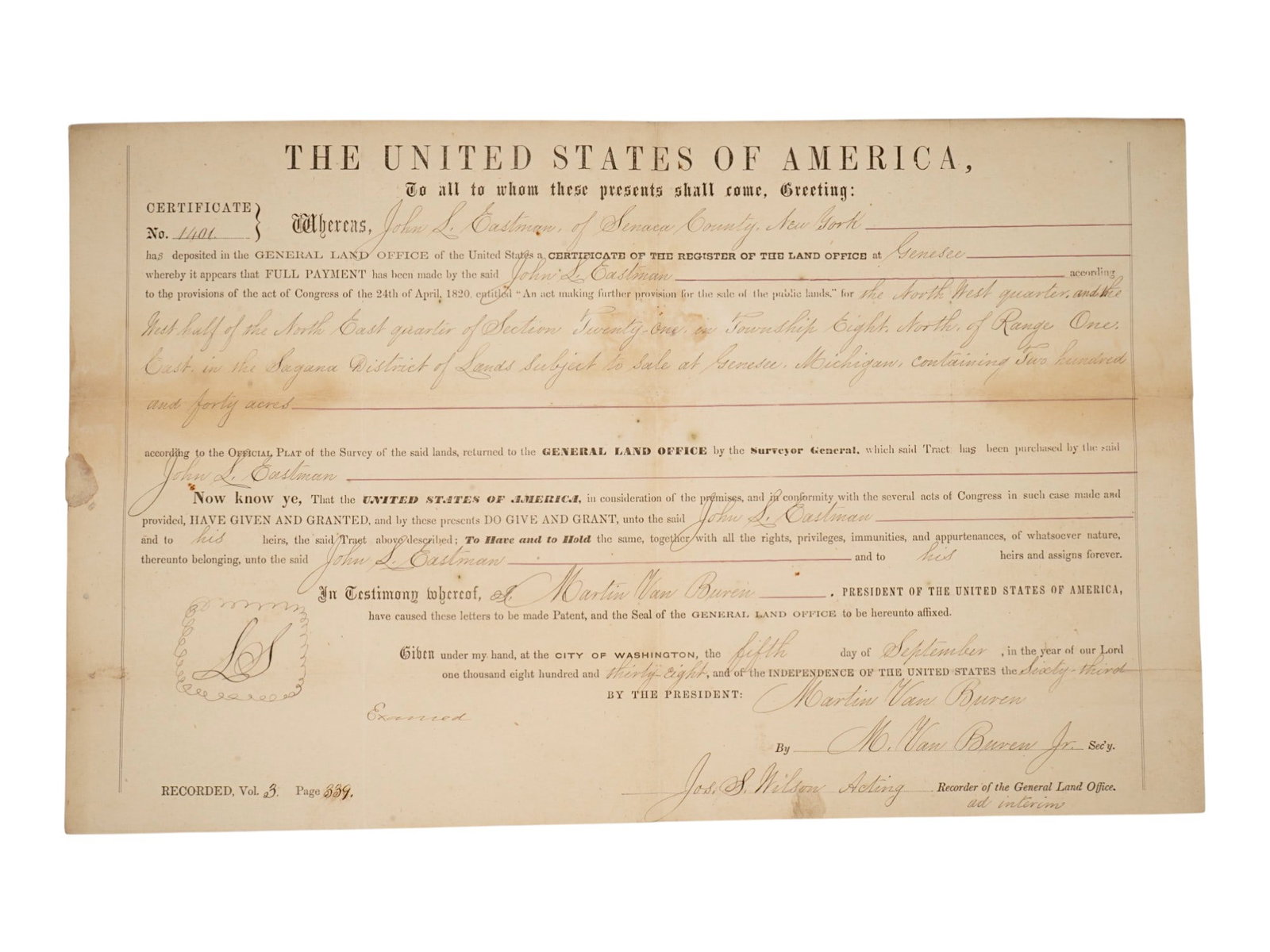 MARTIN VAN BUREN SIGNED 1838 LAND GRANT: US General Land Office land grand, or certificate of register, dated September 5th, 1838, Michigan, issued to John L. Eastman. Signed by the 8th US Martin Van Buren. Collectible Papers And Documents, 