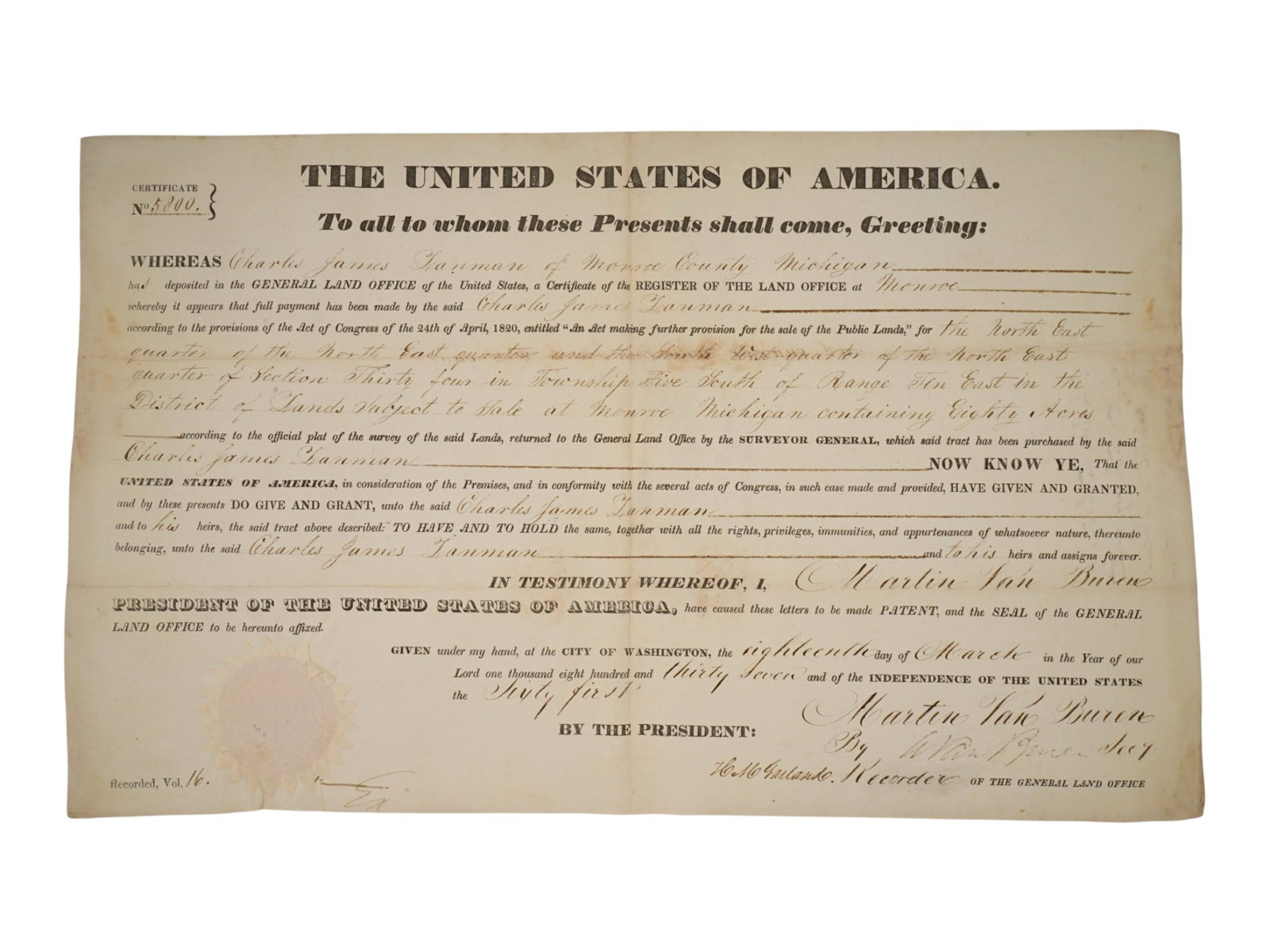 MARTIN VAN BUREN SIGNED 1837 LAND GRANT: US General Land Office land grand, or certificate of register, dated March 8th, 1837, Michigan, issued to Charles James Lanman. Signed by the 8th US Martin Van Buren. Collectible Papers And Documents,