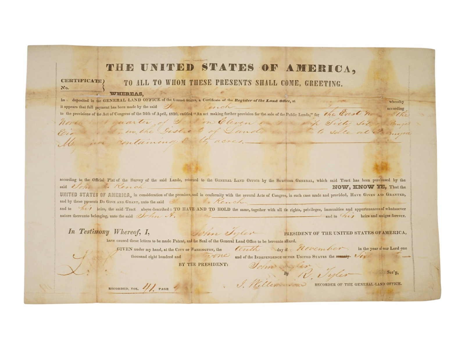 JOHN TYLER SIGNED 1841 LAND GRANT (1 of 4)