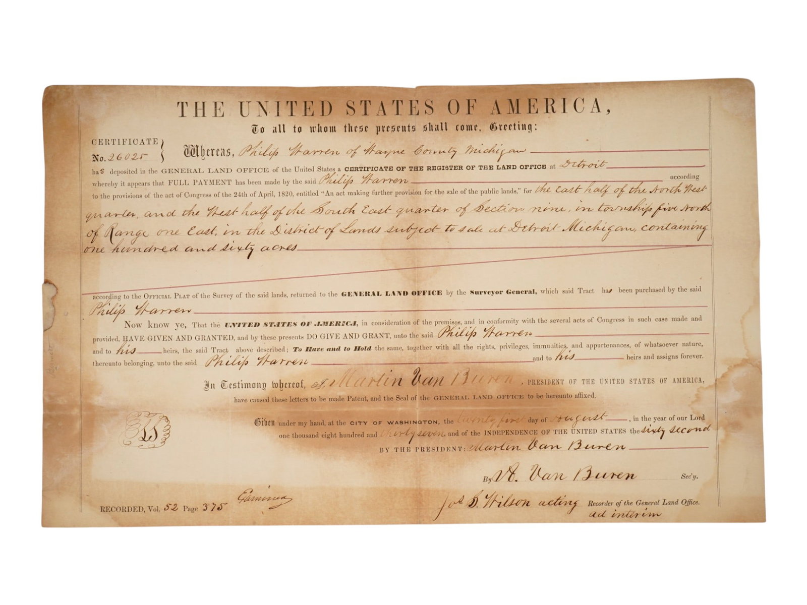 MARTIN VAN BUREN SIGNED 1837 LAND GRANT: US General Land Office land grand, or certificate of register, dated August 21st, 1837, Michigan, issued to Philip Harren. Signed by the 8th US Martin Van Buren. Collectible Papers And Documents, Amer