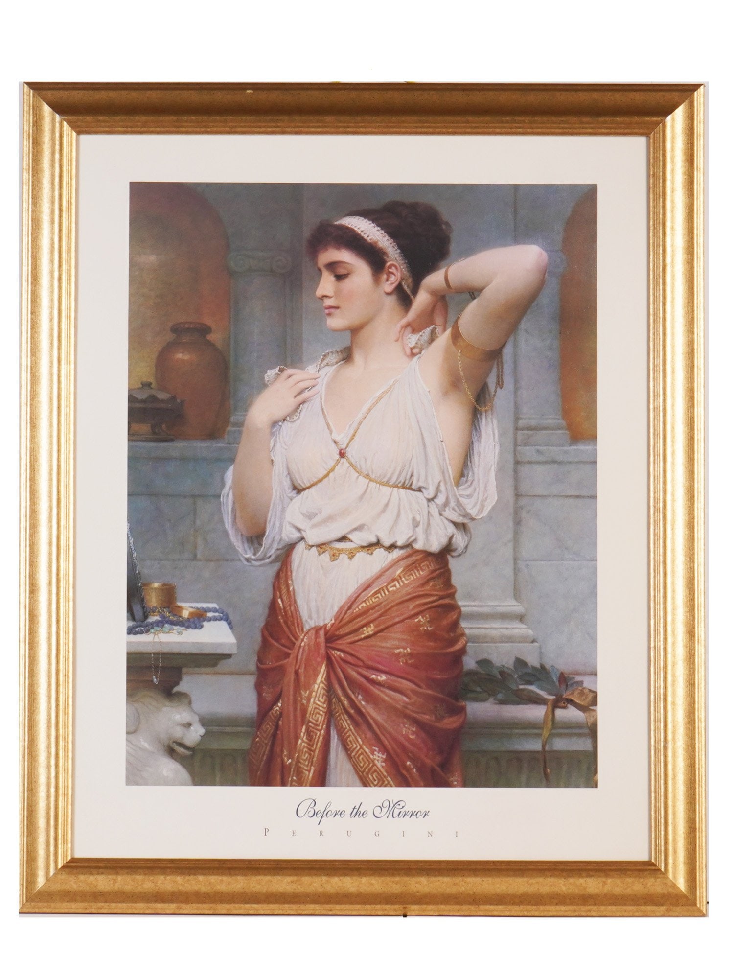 PRINT BEFORE THE MIRROR AFTER CHARLES PERUGINI: A framed print after the prominent English-Italian artist Charles Edward Perugini, 1839 to 1918. Titled Before the Mirror, lower. Charles Edward Perugini was a leading figure of the Classical Academic