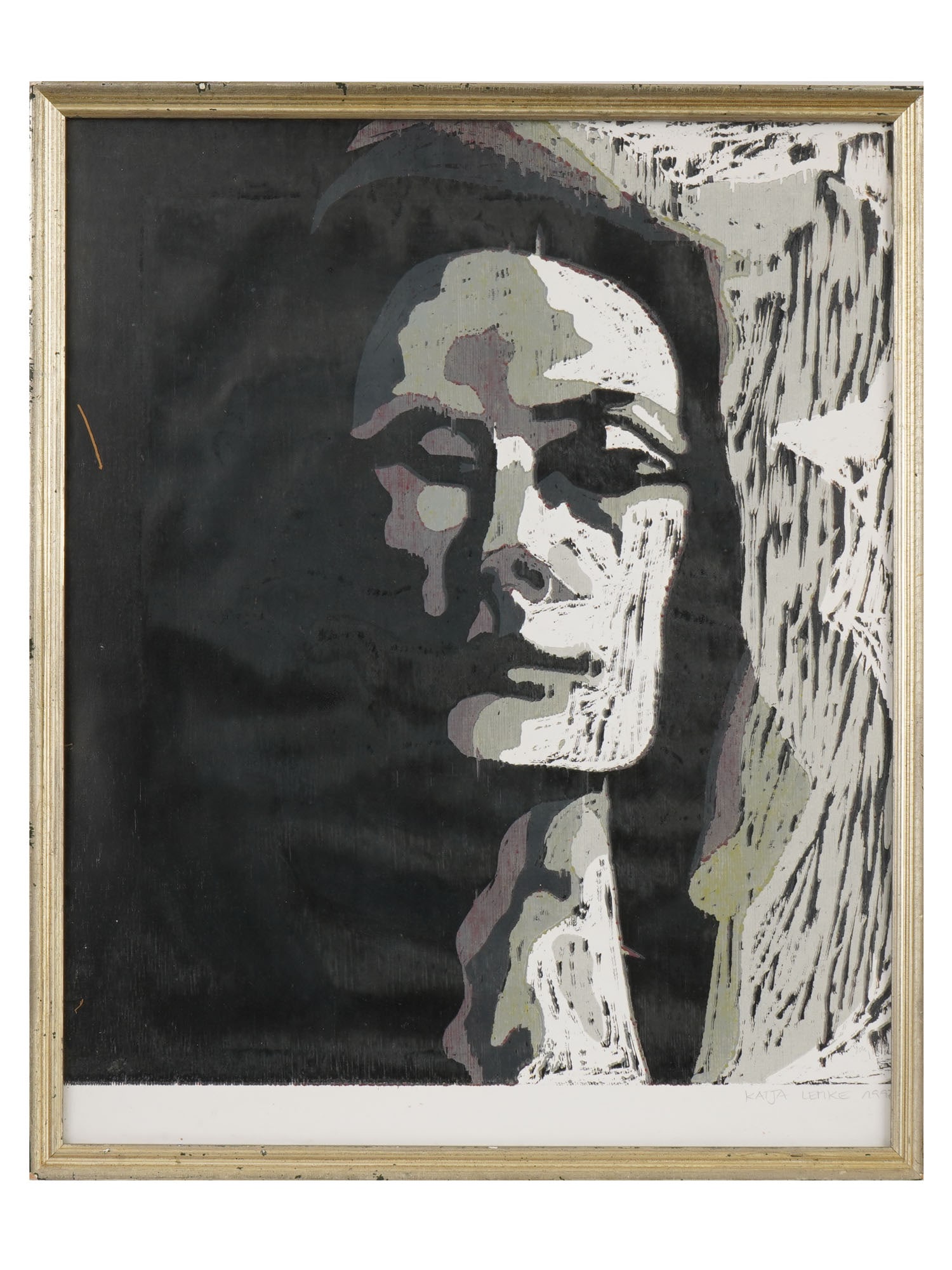 FEMALE PORTRAIT STENCIL PRINT SIGNED KATJA LENKE: Monochrome stencil print on paper. Full face female portrait. Signed Katja Lenke and dated 1997 lower right. Framed. Collectible Graphic Art Prints, Portraiture, Women Artists. THIS LOT IS ELIG