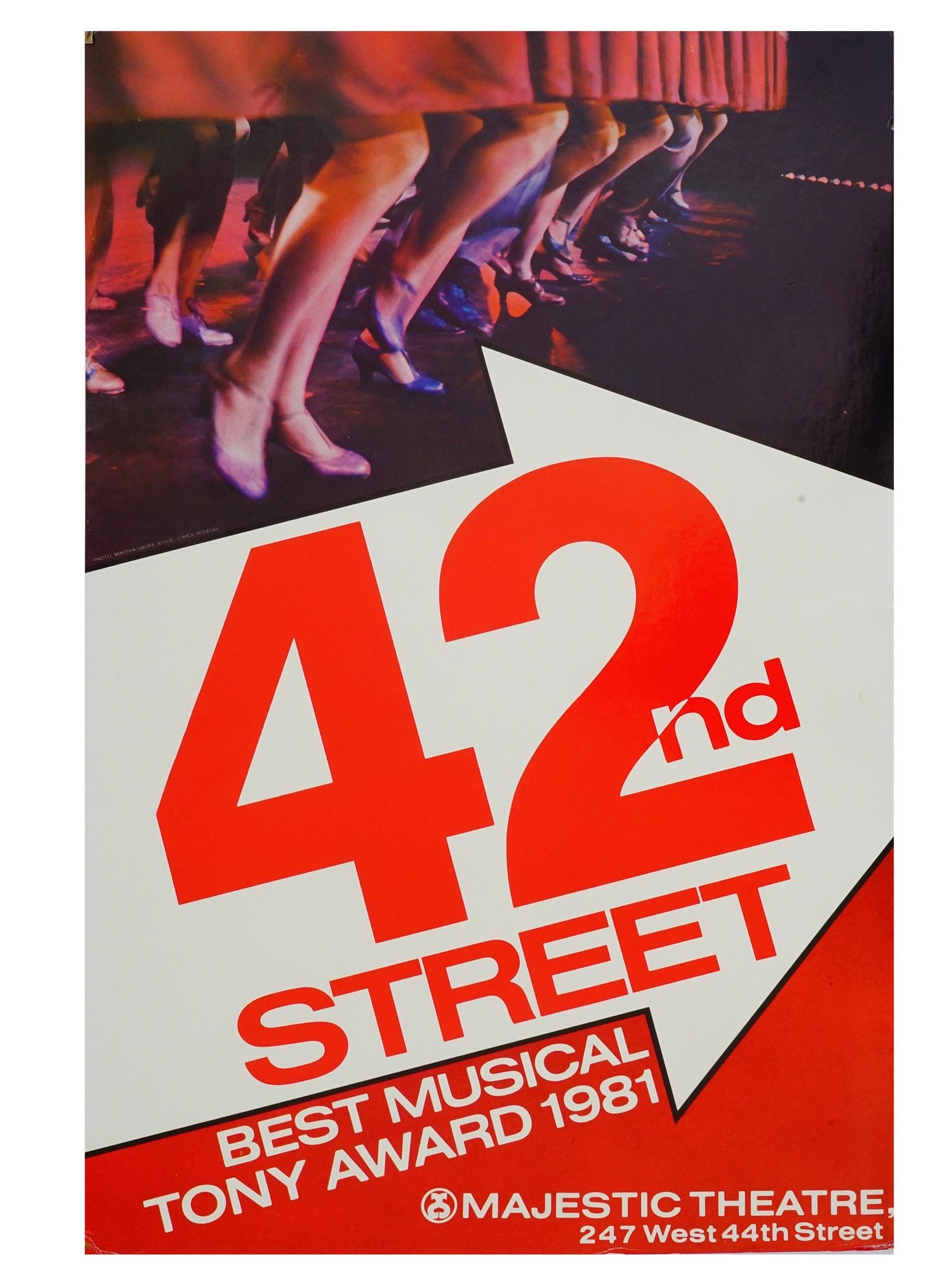 AMERICAN 42ND STREET MAJESTIC THEATER LOBBY CARD 1981: A vintage American 42nd Street Majestic theater lobby card, 1981, following the productions Tony Award win for Best Musical. The poster features a large red and white text design with photo collage el