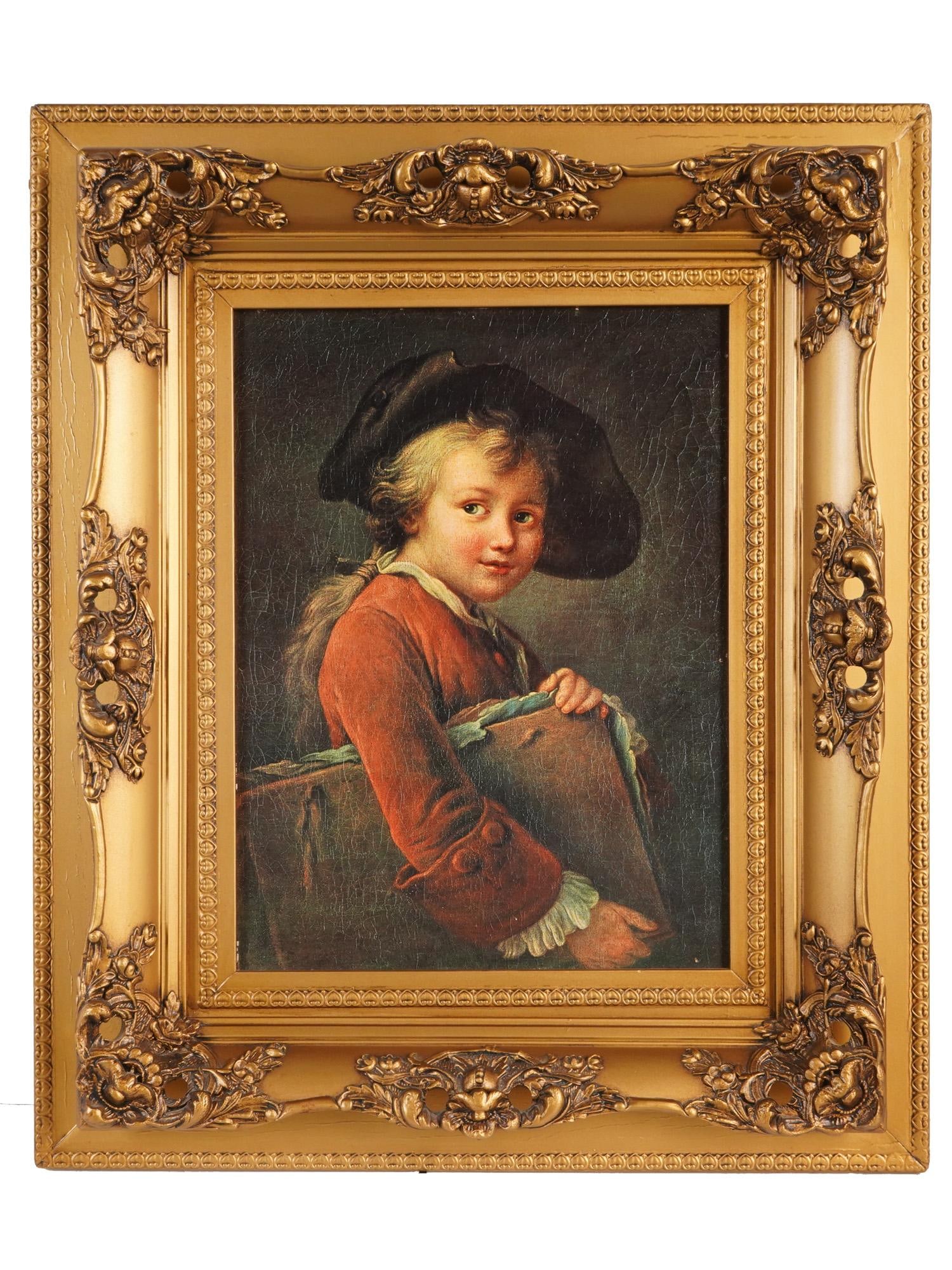 LE JEUNE ELEVE FRAMED PRINT AFTER FRANCOIS HUBERT DROUAIS: A vintage framed print on board after Francois-Hubert Drouais, French, 1727 to 1775. The painting is titled Le Jeune Eleve. Painted in 1761, it depicts a young boy in 18th-century attire holding a lar