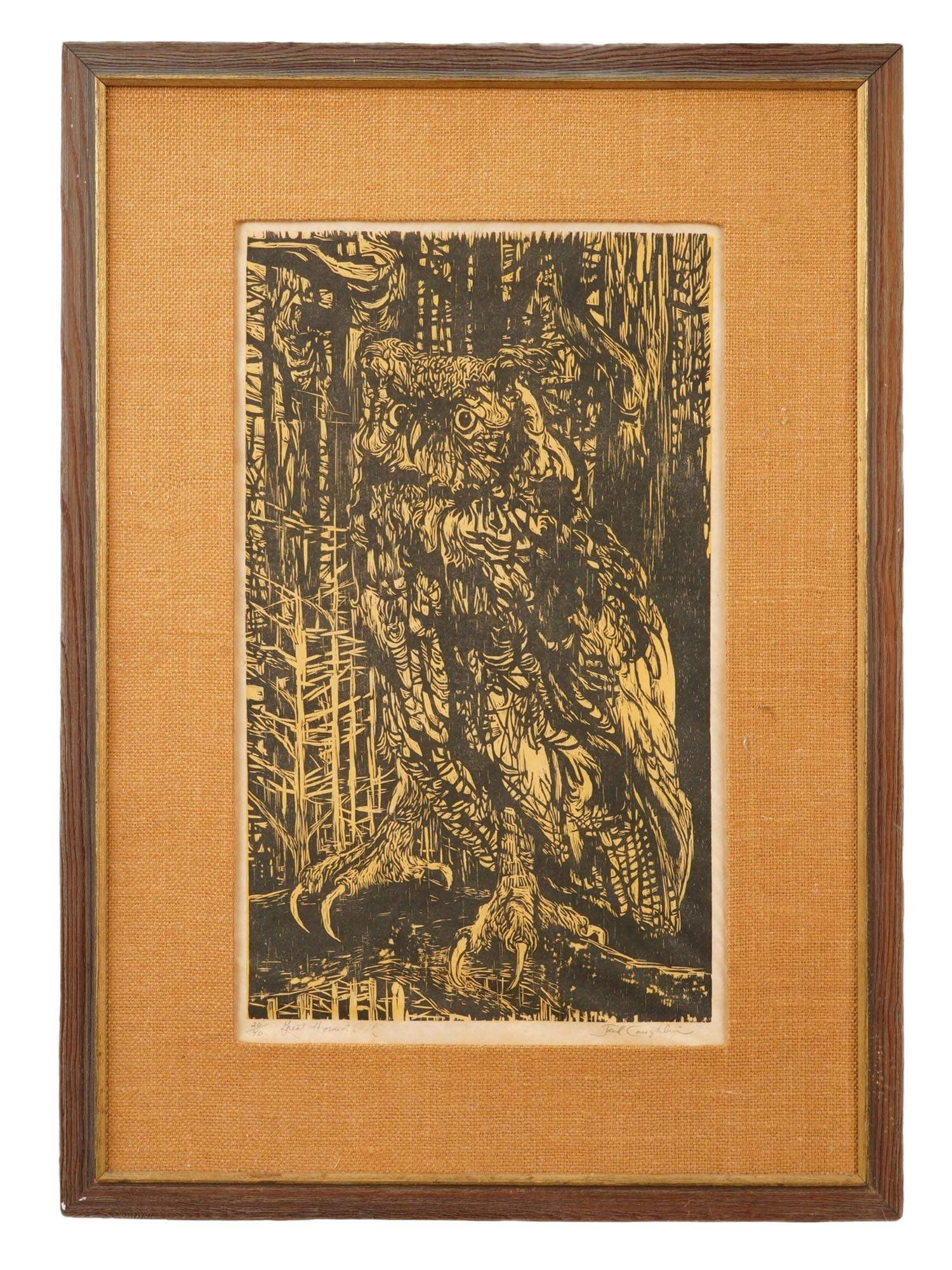 LTD AMERICAN OWL LITHOGRAPH BY JACK COUGHLIN SIGNED: Jack Coughlin, Irish, American, 1932 to 2025, a limited edition lithograph on paper, Great Horned Owl. Signed in pencil, lower right. Titled and numbered 20 of 40 in pencil, lower left. Framed. Jack C