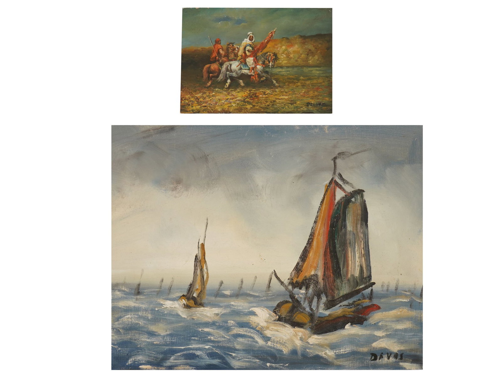 2 OIL GENRE SCENE AFTER A SCHREYER SEASCAPE PAINTINGS: A lot of two artworks, an oil on canvas and oil on board paintings. The lot includes a genre scene after original artwork by German artist Adolf Schreyer, 1828 to 1899, Two Scouts on Horseback. Illegi