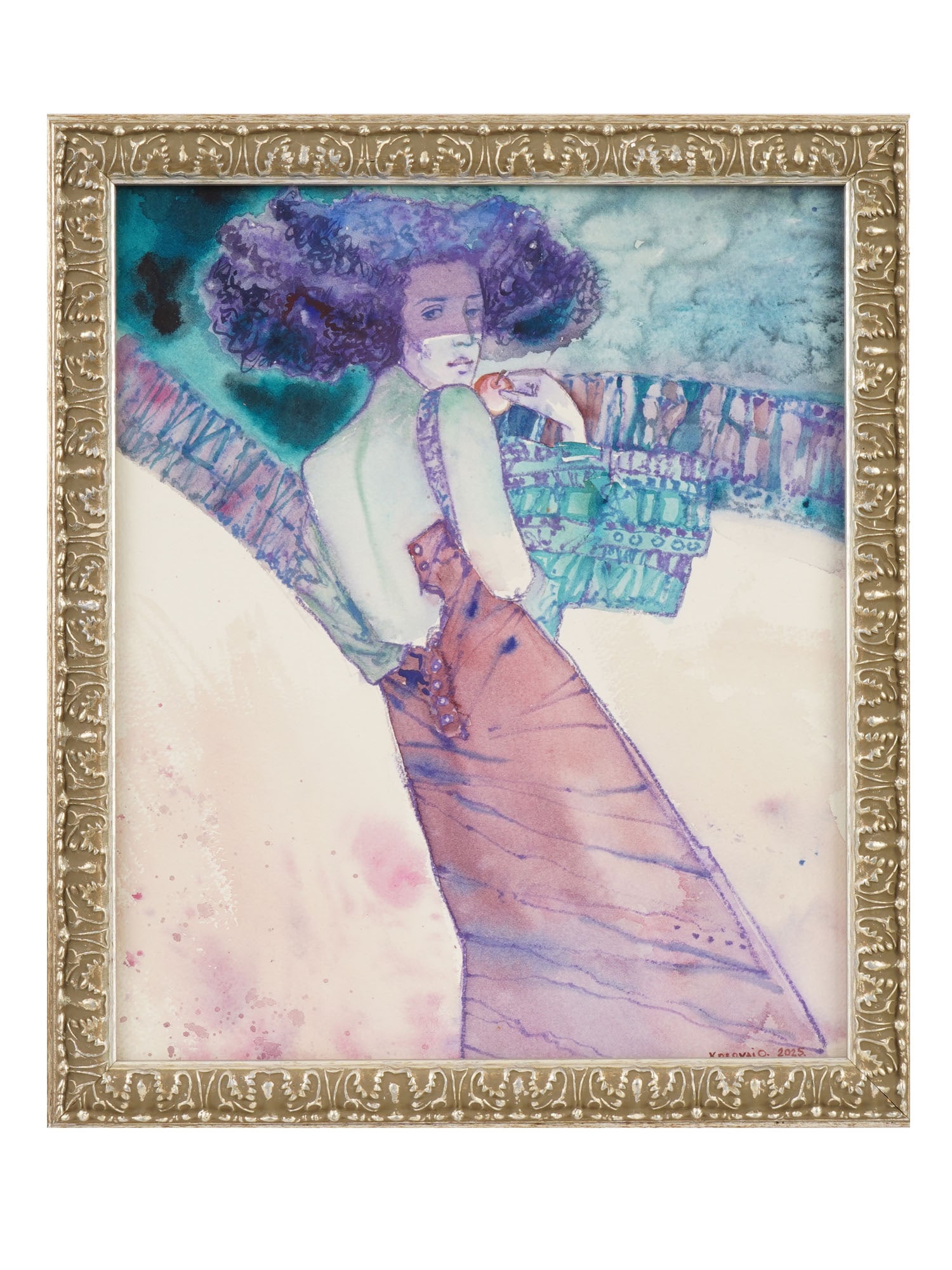 WOMAN PORTRAIT WATERCOLOR PAINTING SIGNED KOROVAI: A watercolor painting on paper depicts a portrait of a woman with voluminous purple hair, wearing a red with purple dress. Signed Korovai O, and dated 2025 lower right. Framed by a wooden frame. Bears
