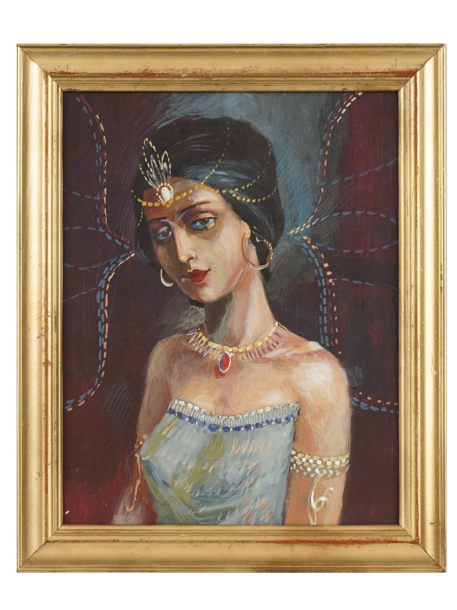 EASTERN FEMALE PORTRAIT GOUACHE PAINTING: A gouache painting on paper. The painting features a young, dark-haired woman in an exquisite Eastern attire, depicted from the waist up with her head gently tilted to the side. Her presence evokes a 