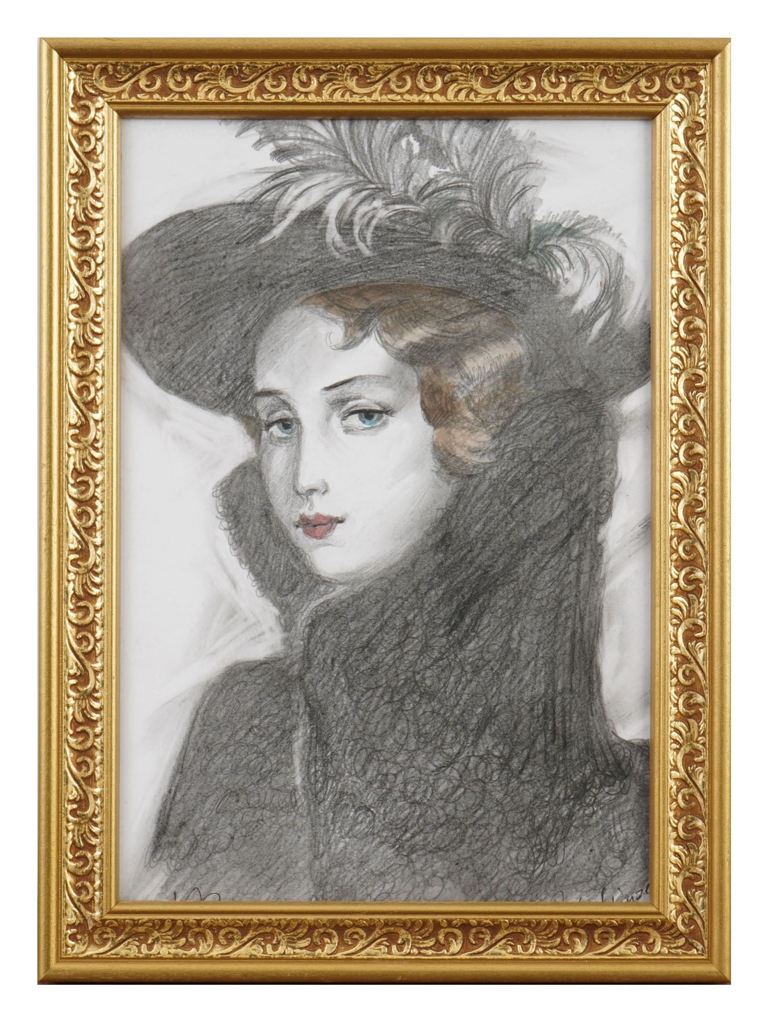 GRAPHITE AND WATERCOLOR PORTRAIT PAINTING SIGNED: A graphite and watercolor portrait painting on paper depicts a woman in elegant Edwardian-style attire. Framed and signed lower right and left. European Female Portrait, Vintage Drawing, Mixed Media A