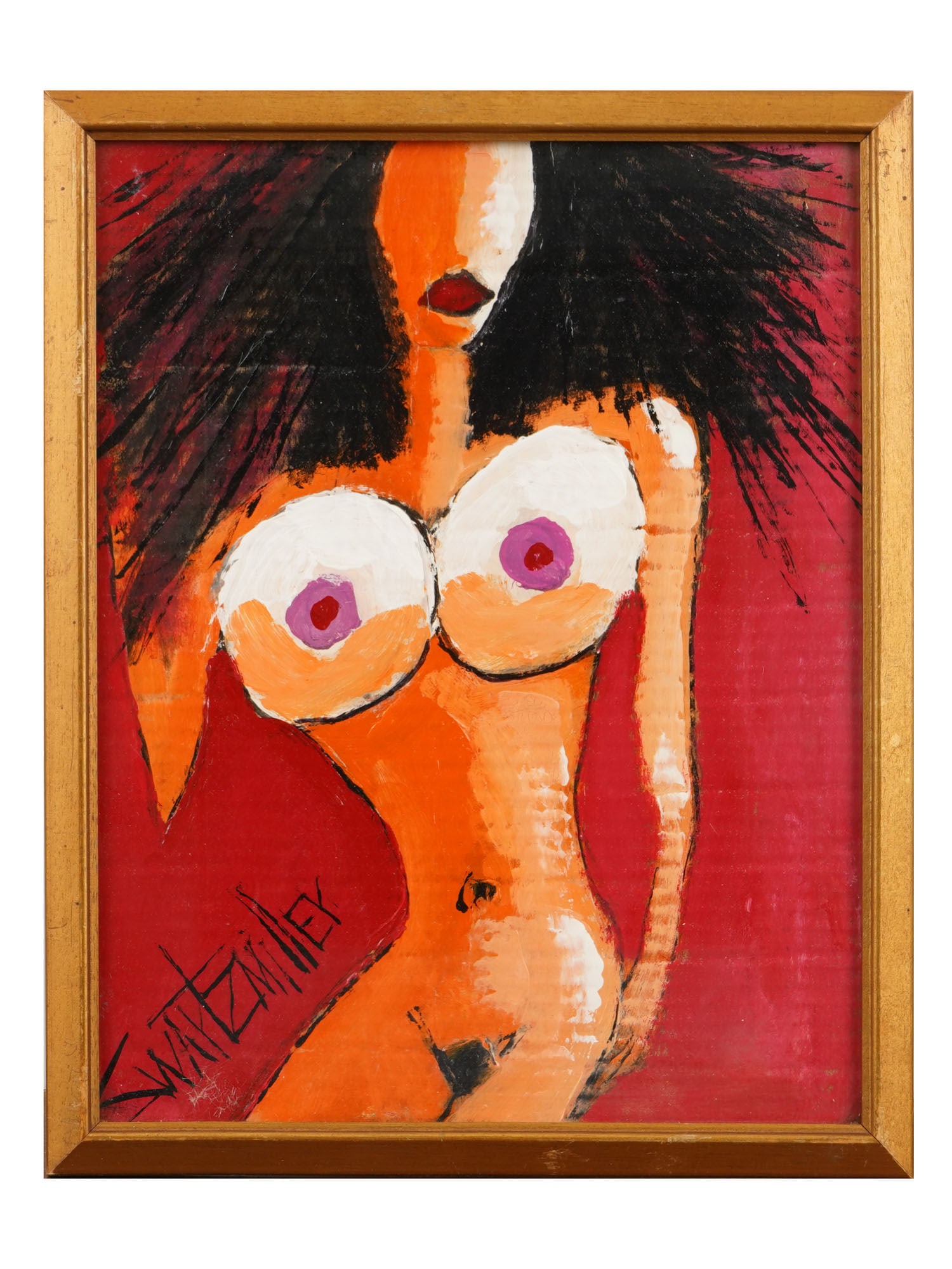AMERICAN NUDE OIL PAINTING BY MIKE SWARTZMILLER: Mike Swartzmiller, American, born 1951, an oil painting on board, Big Hair Nude, 2025. Signed lower left. Framed. Additionally signed, titled and dated, on the backside. A paper label of the Swartzmil