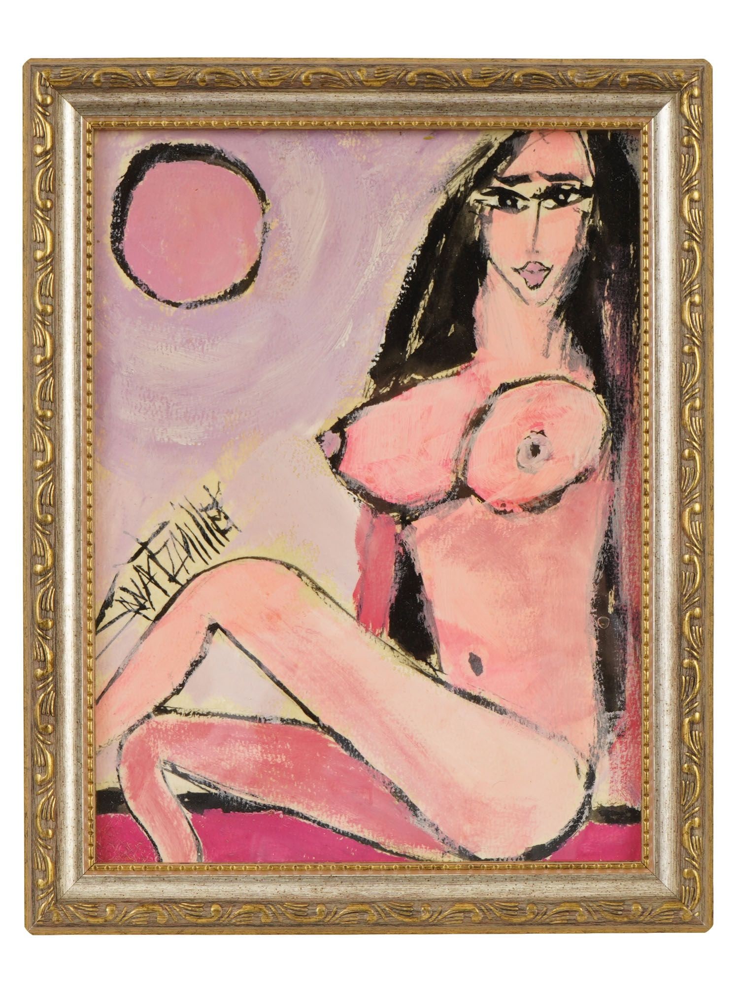 AMERICAN NUDE ACRYLIC PAINTING BY MIKE SWARTZMILLER: Mike Swartzmiller, American, born 1951, an acrylic painting on board, Pink Nude, 2025. Signed to the center left. Framed. Additionally signed, titled and dated, on the backside. A paper label of the S