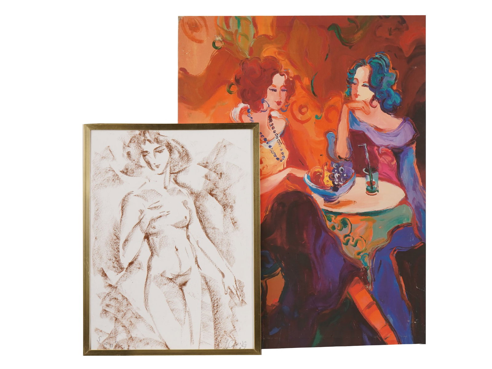 ROUP OF TWO ARTWORKS CANVAS PRINT AND SEPIA PAINTING: A group of two artworks showcasing contrasting styles, mediums, and artistic moods. Included is a vibrant canvas print, depicting a Parisian cafe scene, alongside a sepia-toned classical nude figure s