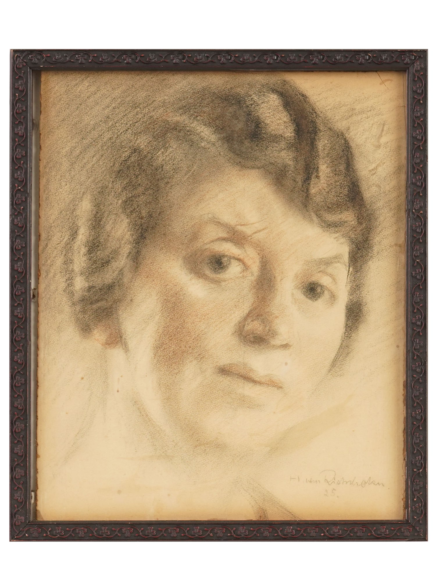 HIRAM RICHARDSON ?HARCOAL AND MIXED MEDIA PAINTING: A charcoal and mixed media on paper painting signed Hiram Richardson. Featuring a female portrait with short, wavy hair. The work is signed Hiram Richardson in the lower right, dated 25. Framed. A lab