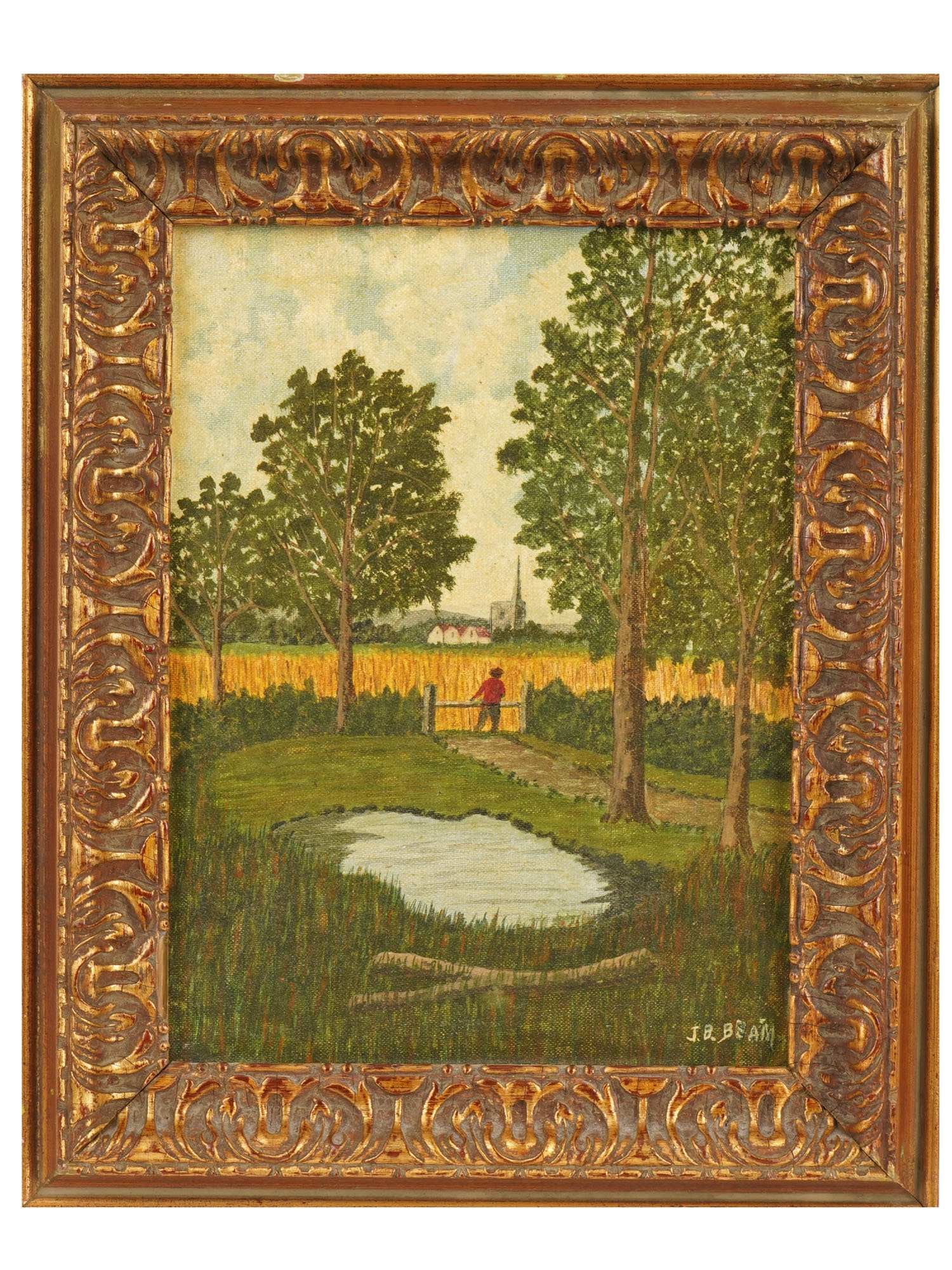 AMERICAN RURAL OIL PAINTING BY JAMES BLAINE BEAM: James Blaine Beam, American, 1886 to 1979, an oil painting on board, Season of The Harvest. Signed lower right. Framed. An exhibition brochure and paper clippings, on the backside. James Blaine Beam w