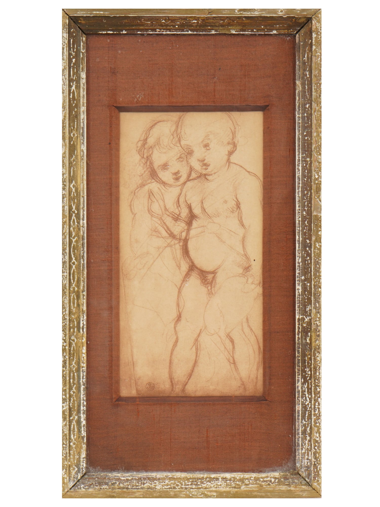 PORTRAIT ARTWORK AFTER ANDREA DEL SARTO FRAMED: A vintage artwork, Study of Two Cherubs, after Andrea Del Sarto. Marked with a stamp, lower left. Framed. Additionally inscribed, on the backside. Andrea del Sarto, Italian, 1486 to 1530, was an Itali