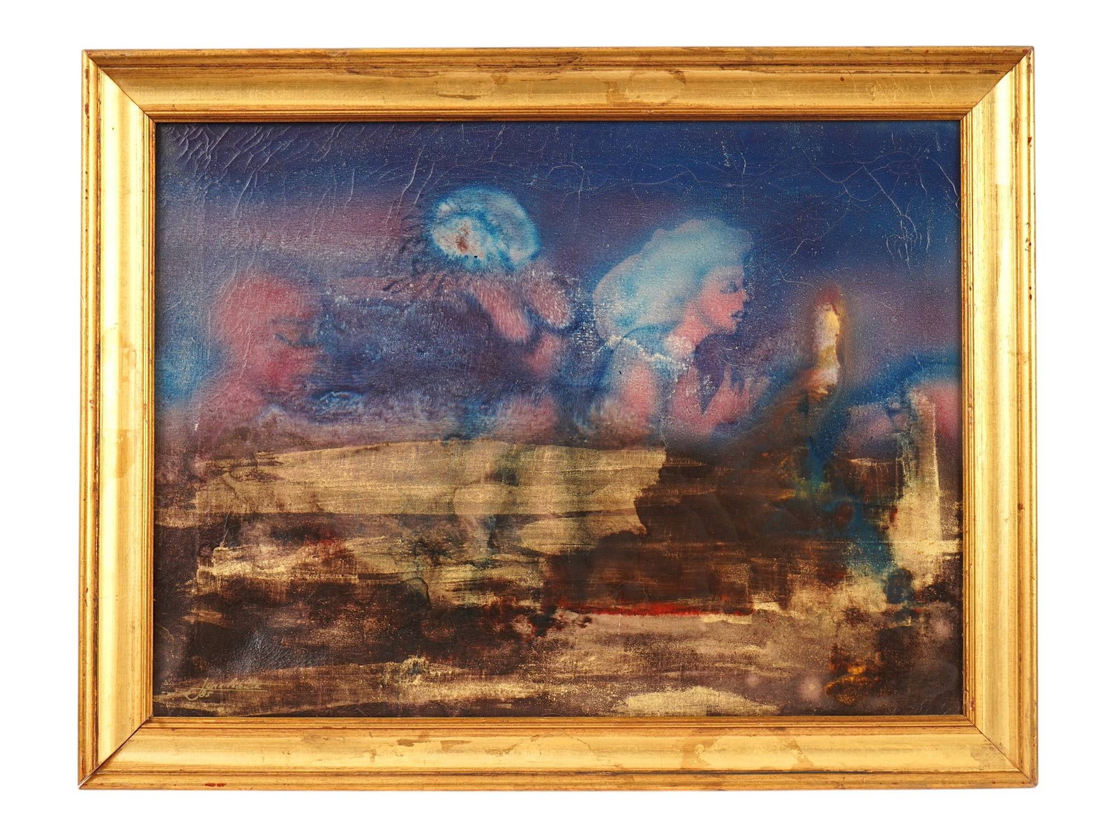ABSTRACT MIXED MEDIA PAINTING SIGNED JUNE LUKUTA: Mixed media painting on canvas. Abastract landscape-like composition with translucent female nude figures. Signed June Lukuta and dated 1985 lower left. Framed. Collectible Fine Art, Contemporary Pain