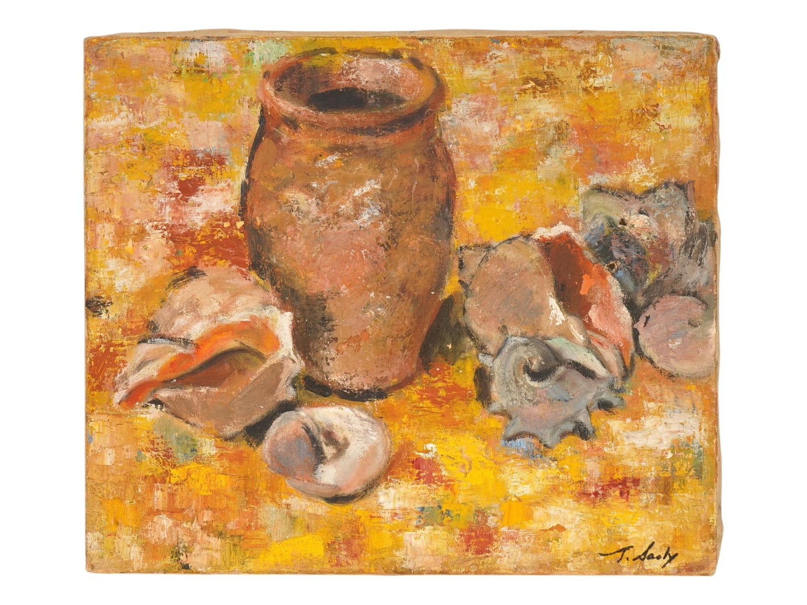 VINTAGE STILL LIFE OIL PAINTING SIGNED T. SAVLY: Oil painting on canvas. Still life with a ceramic pot and seashells. Signed T. Savly lower right. With a dedication to Dennis Roland dated 1998 on the backside. Unframed. Collectible Fine Art, Genre P