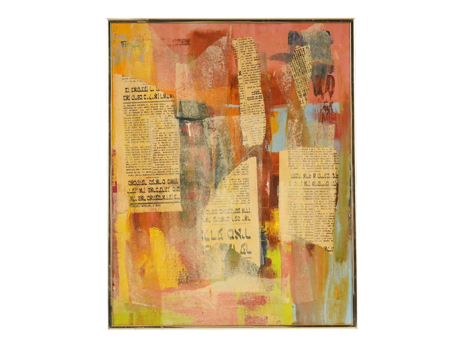AMERICAN MIXED MEDIA COLLAGE PAINTING BY HALL GROAT II: Hall Groat II, Contemporary American artist, mixed media collage painting on canvas depicting an abstract composition. Signed upper left. Framed. Hall Groat II is a Contemporary representational oil p