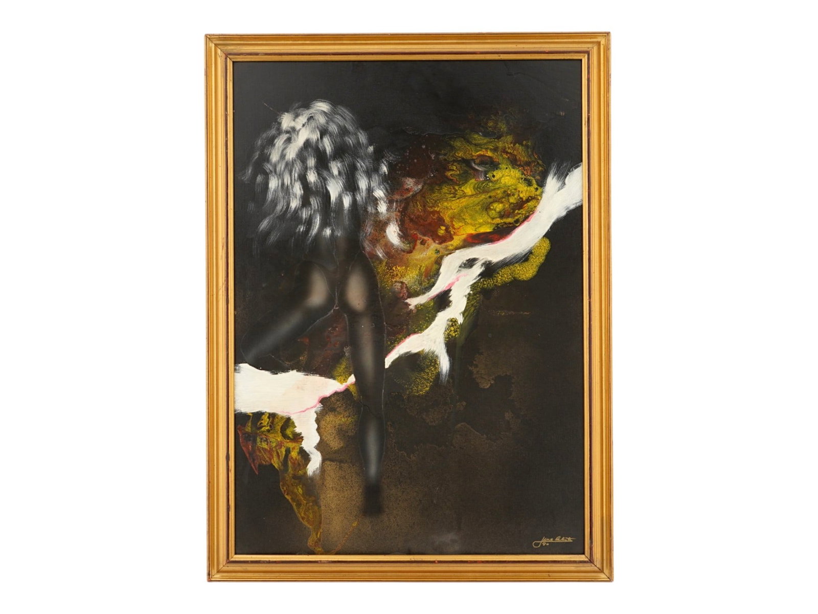 CONTEMPORARY NUDE ACRYLIC PAINTING SIGNED BY ARTIST: A Contemporary acrylic painting on cardboard depciting an Abstract Expressionist compostion with a female nude figure. Signed by the artist and dated 90, lower right. Framed. Modernist and Contemporar