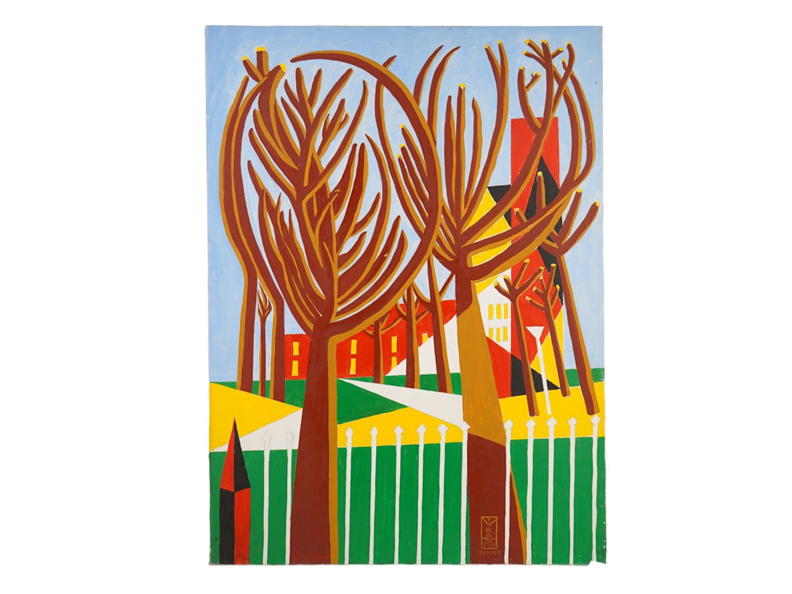 AMERICAN ACRYLIC PAINTING SIGNED THOMAS M BARNETT: An American Folk Art acrylic painting on canvas depicting a townscape view with trees. Signed, Thomas M. Barnett, lower left. Signed with monogram and dated 2002, lower right. Thomas M. Barnett is a 2