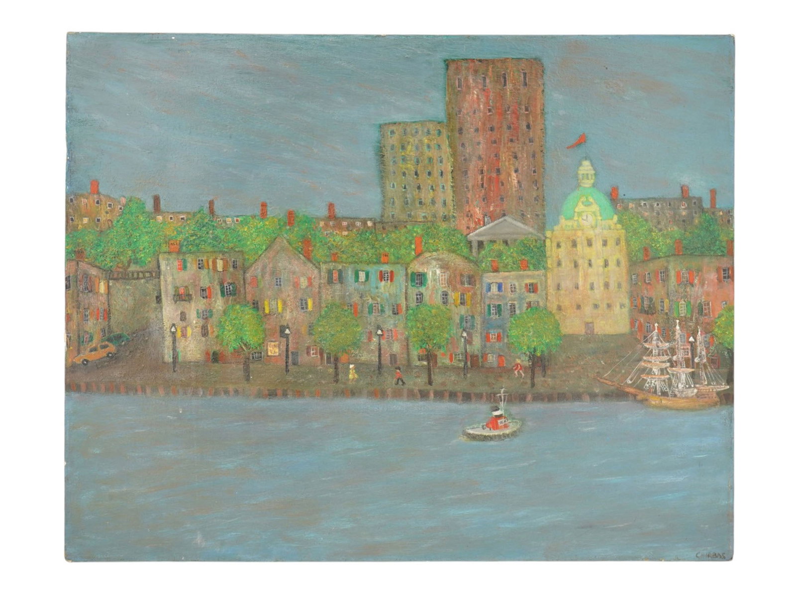 AMERICAN FOLK ART OIL PAINTING SIGNED JIM CHIRBAS: An oil painting on canvas a river cityscape view. Signed, Chirbas, lower right. Additionally inscribed on the backside. Jim Chirbas, 1924 to 2021, was an American artist primarily known for his long s