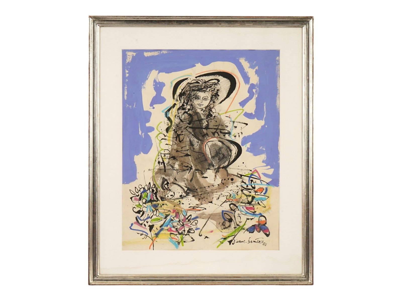 JUAN CARLOS BENITEZ VTG ARGENTINEAN MIX MEDIA PAINTING: A vintage Argentinean mixed media on paper painting by Juan Carlos Benitez, born 1931 in Buenos Aires. The painting features an abstracted figural composition rendered in ink and wash. The central fem