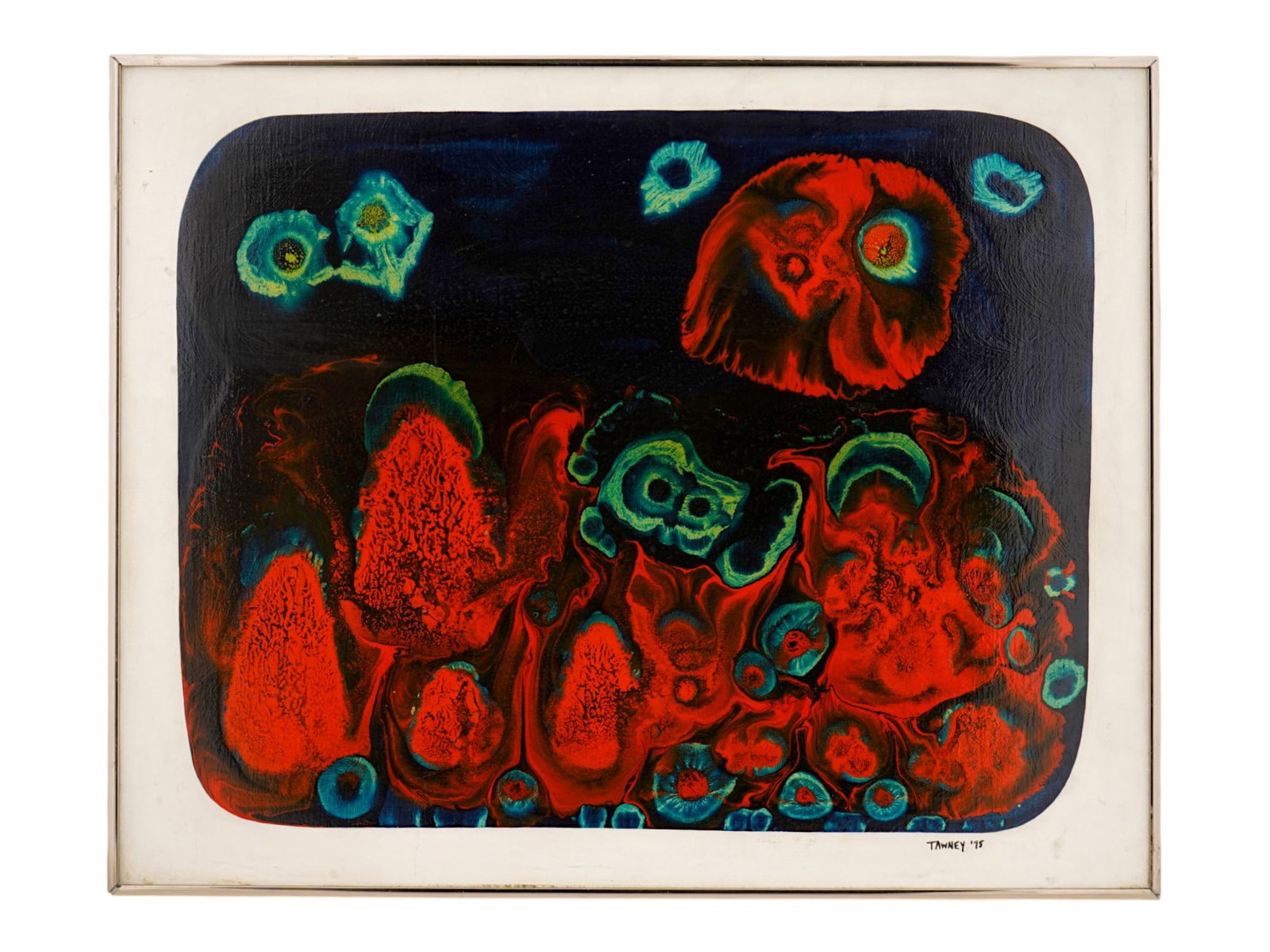 ABSTARCT OIL PAINTING SIGNED LENORE TAWNEY 1975: An oil painting on canvas signed lower right Tawney for Lenore Tawney and dated 1975. Depicting an abstract composition. Lenore Tawney, America, 1907 to 2007, was an artist working in fiber art, colla