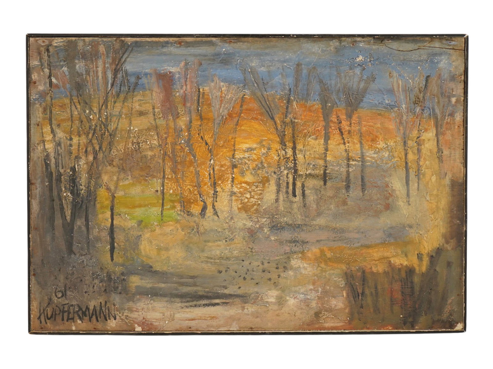 JACQUES KUPFERMANN AUSTRIAN LANDSCAPE PAINTING 1961: Jacques Kupfermann, Austrian, 1926 to 1987, mixed media on board painting. The artwork depicts an expressive woodland scene characterized by a warm palette of amber, ochre, and orange contrasted with 
