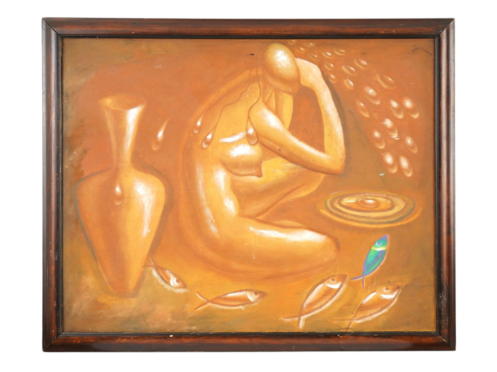 MID CENTURY MODERNIST OIL PAINTING FEMALE NUDE: A mid-century modernist oil painting on canvas, featuring a highly stylized allegorical composition rendered in smooth sculptural forms. The work centers on a contemplative female nude beside an elong