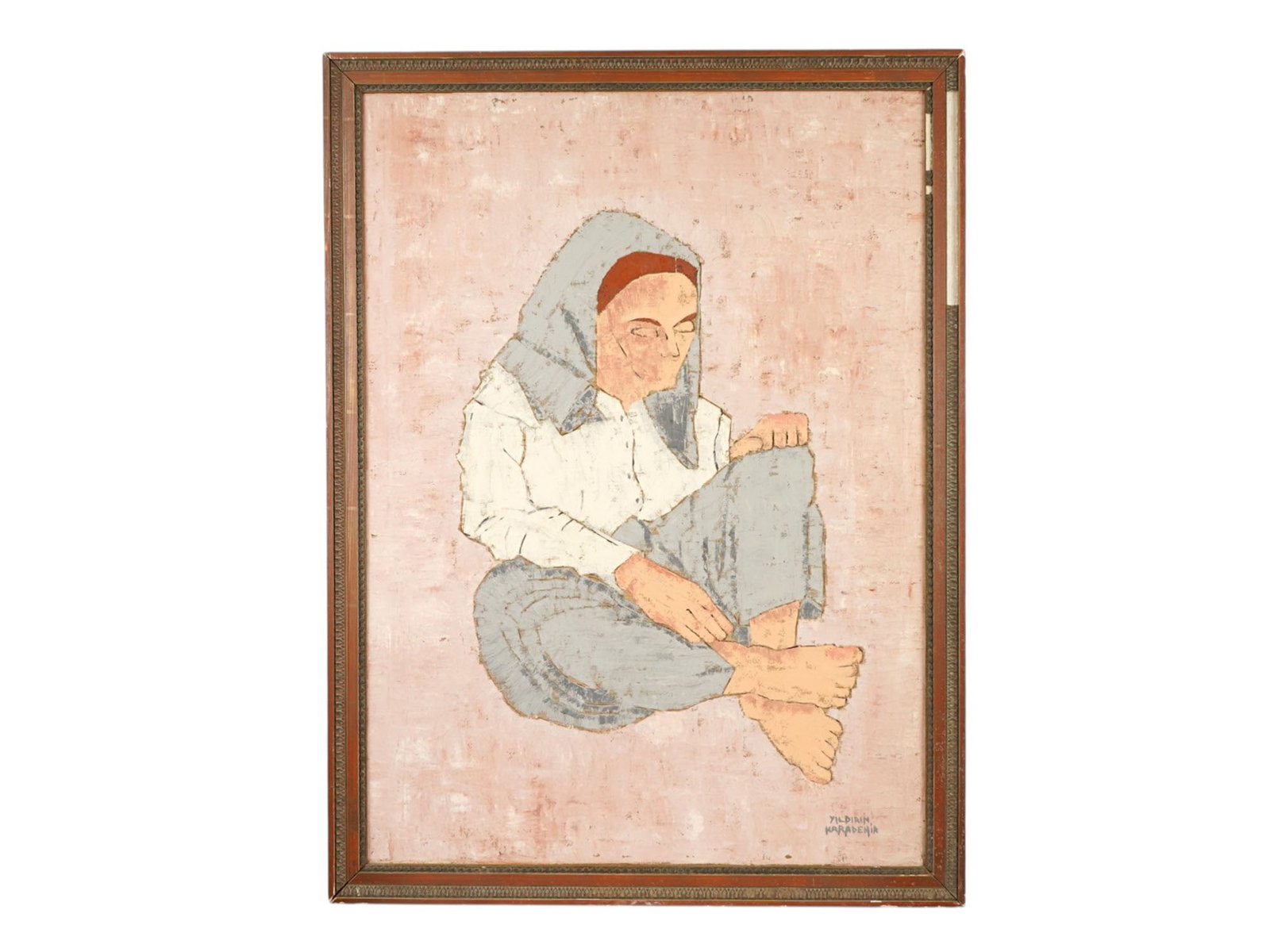 YILDIRIM KARADEMIR TURKISH FEMALE PORTRAIT PAINTING: Yildirim Karademir, Turkish, 20th century, oil painting on canvas. The artwork depicts a seated female figure. Signed lower right. Undated. Framed. Collectible Fine Art, Modernist Figurative Painting,