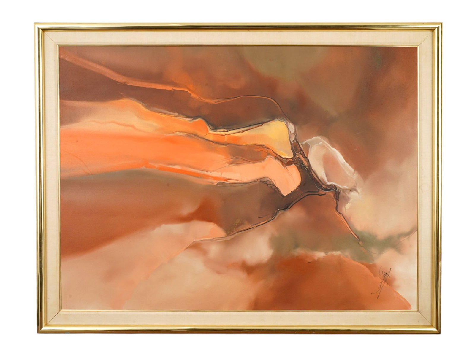 VINTAGE ABSTRACT OIL PAINTING BY JOSEF KUGLER: A vintage modern abstract oil on canvas painting by Josef Kugler. The painting features a palette of warm earth tones including sienna, ochre, and burnt orange. The composition suggests a stylized lan
